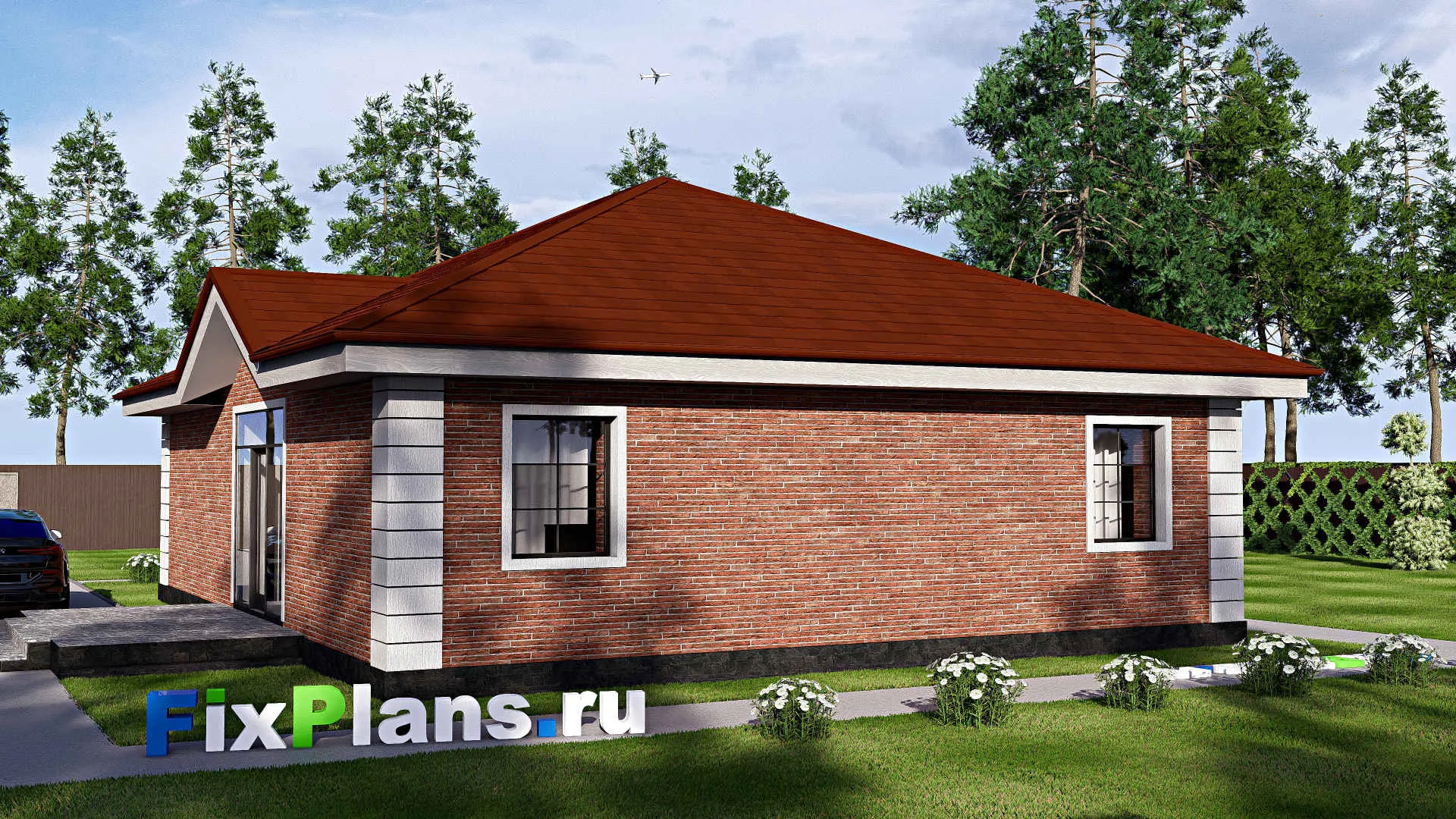 F-18233 - Проект одноэтажного дома 14 на 15, площадью 130 м² с террасой и 3 спальнями