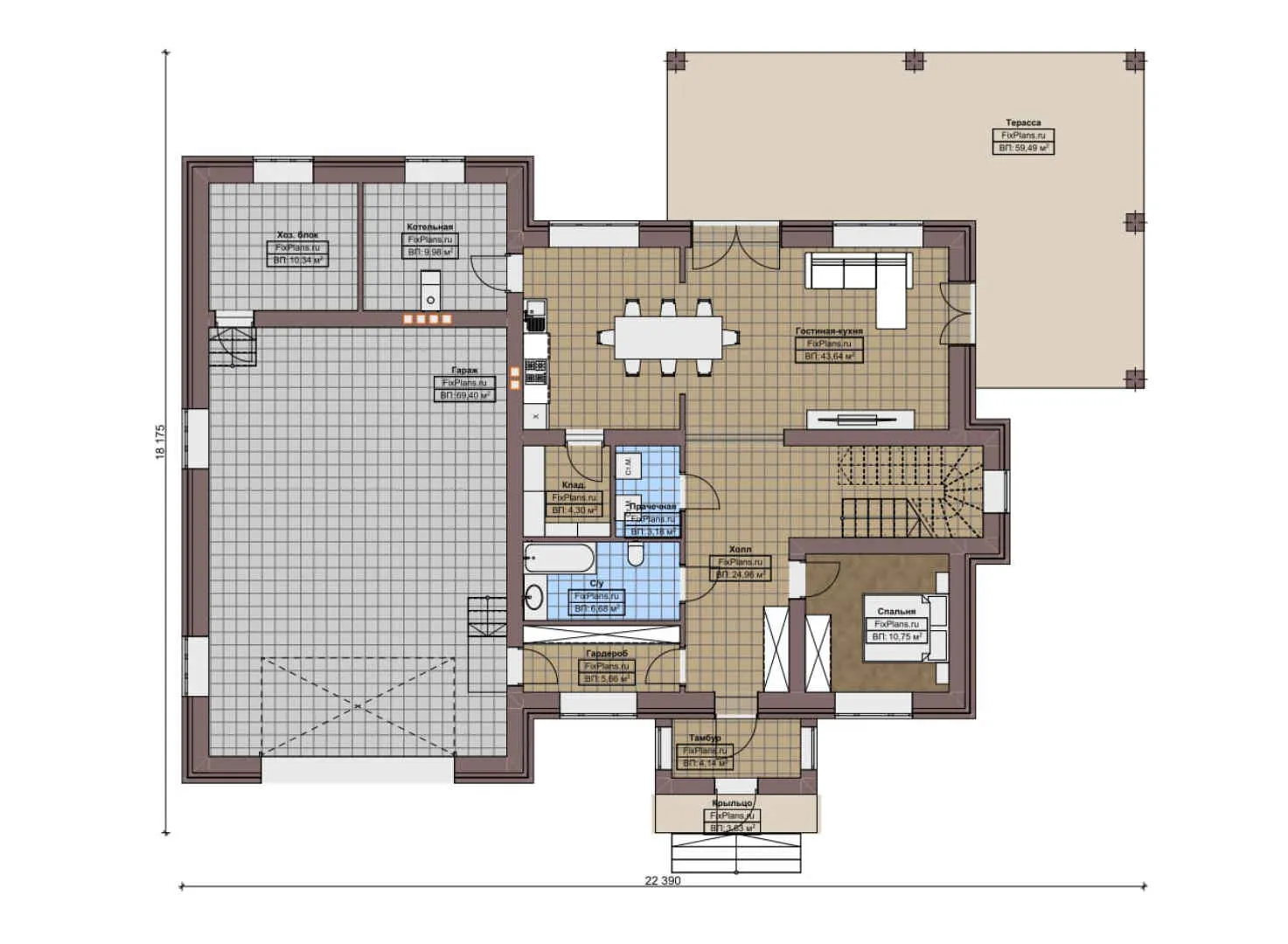 F-3482 - Планы двухэтажного дома 19 на 23, площадью 350 м² с террасой, гаражом на 2 машины и 5 спальнями