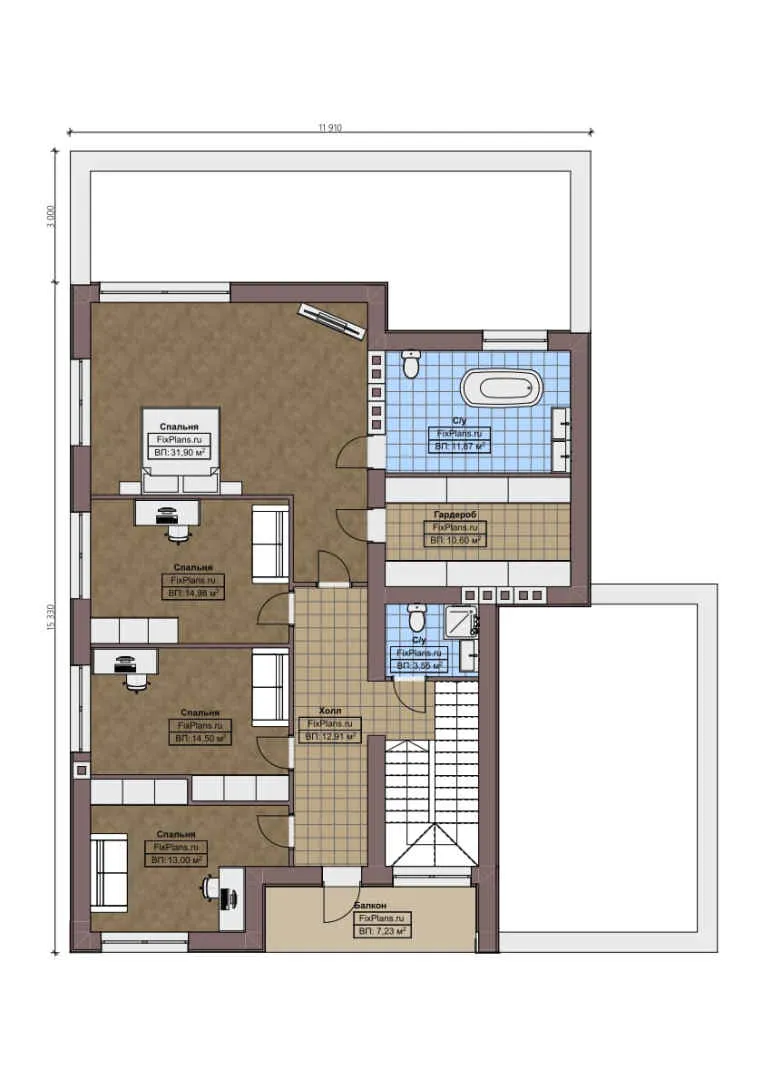 F-1124 - Планы двухэтажного дома 12 на 16, площадью 330 м² с террасой, балконом и 5 спальнями