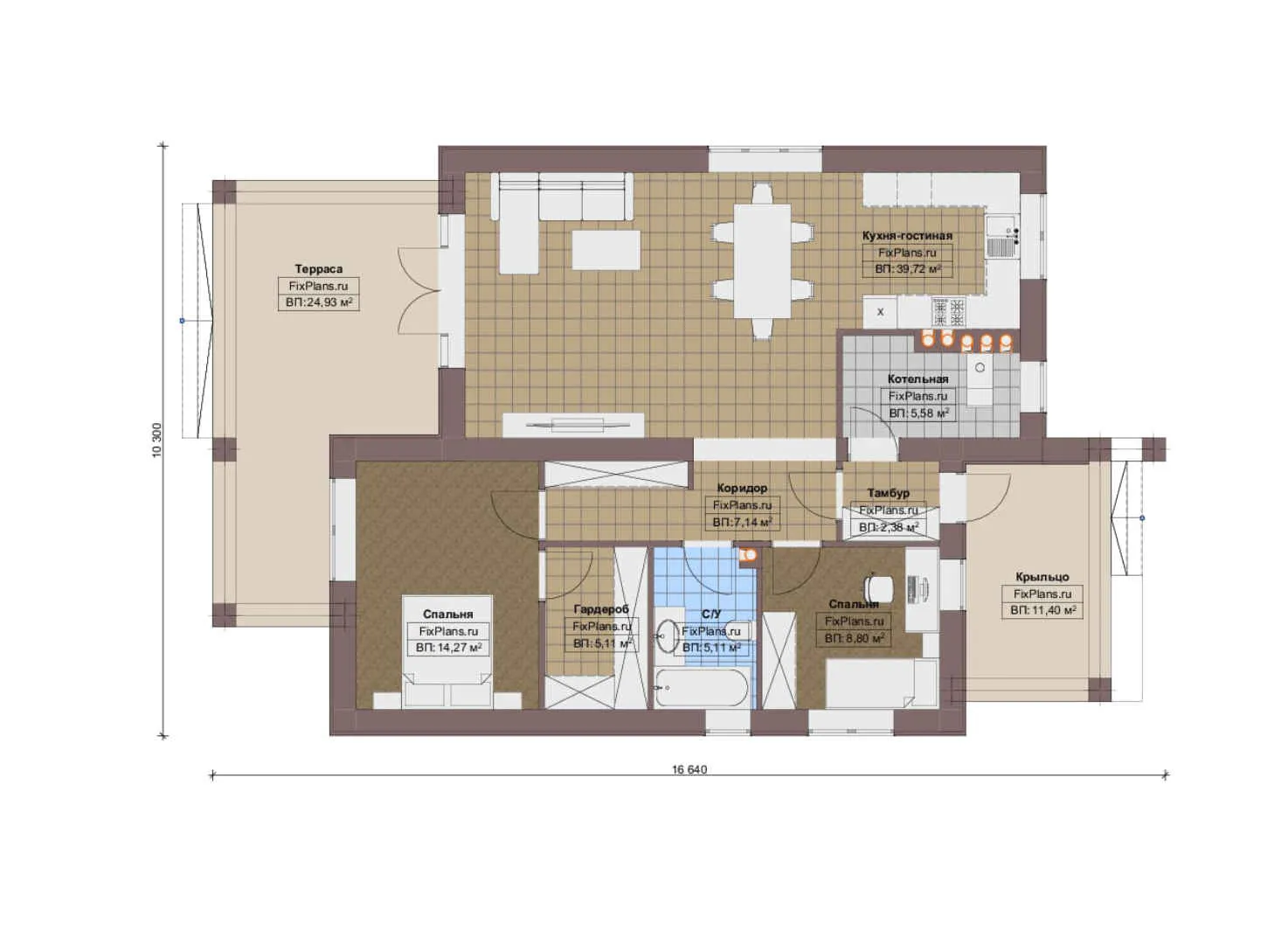 F-18872 - План одноэтажного дома 11 на 17, площадью 130 м² с террасой и 2 спальнями