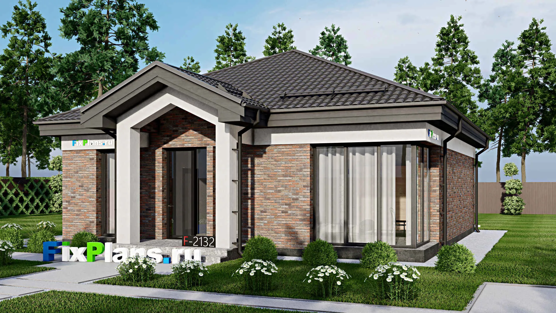 F-2132 - Проект одноэтажного дома 12 на 12, площадью 110 м² с террасой и 2 спальнями