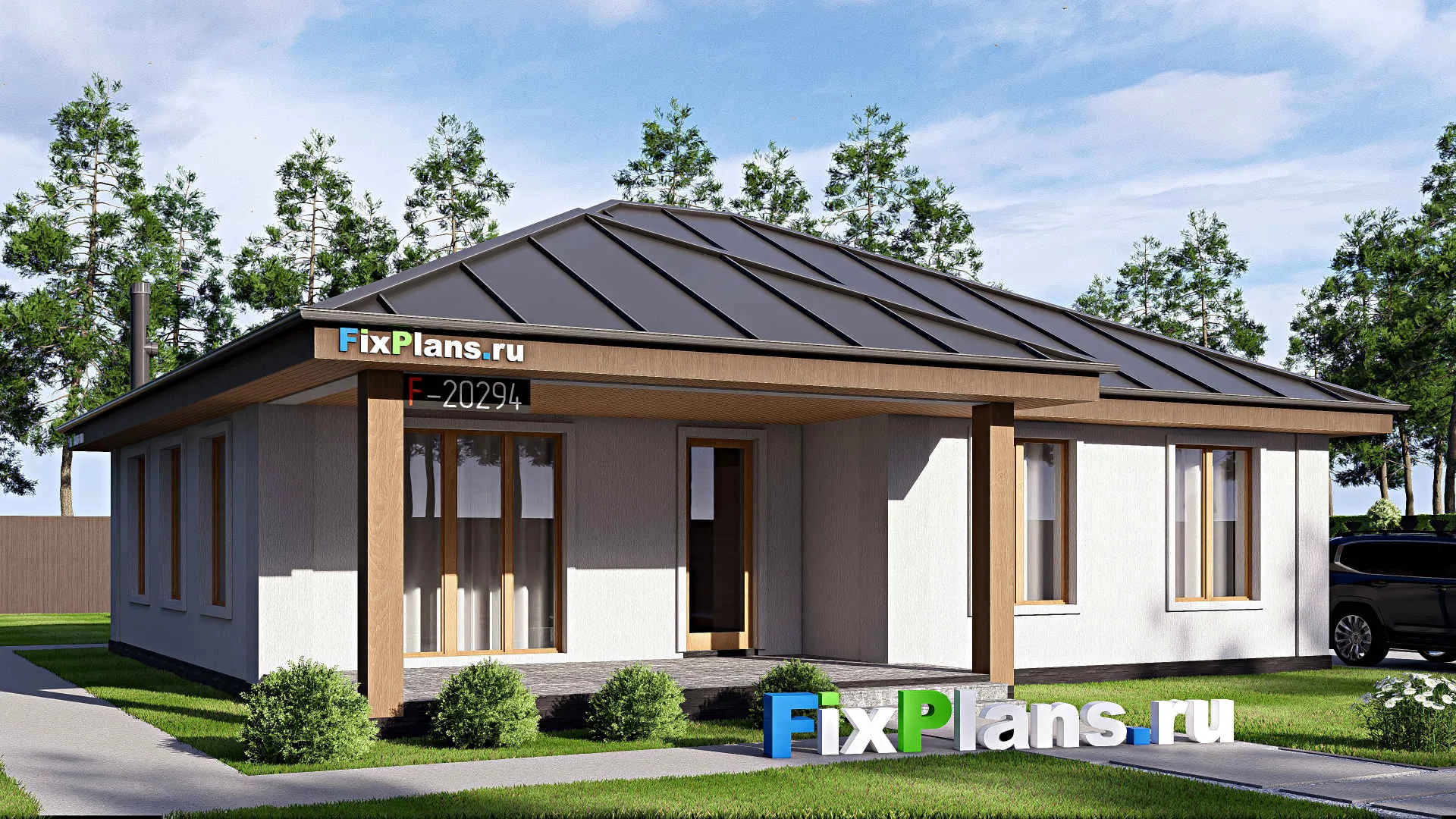 F-20294 - Проект одноэтажного дома 14 на 14, площадью 140 м² с террасой и 3 спальнями