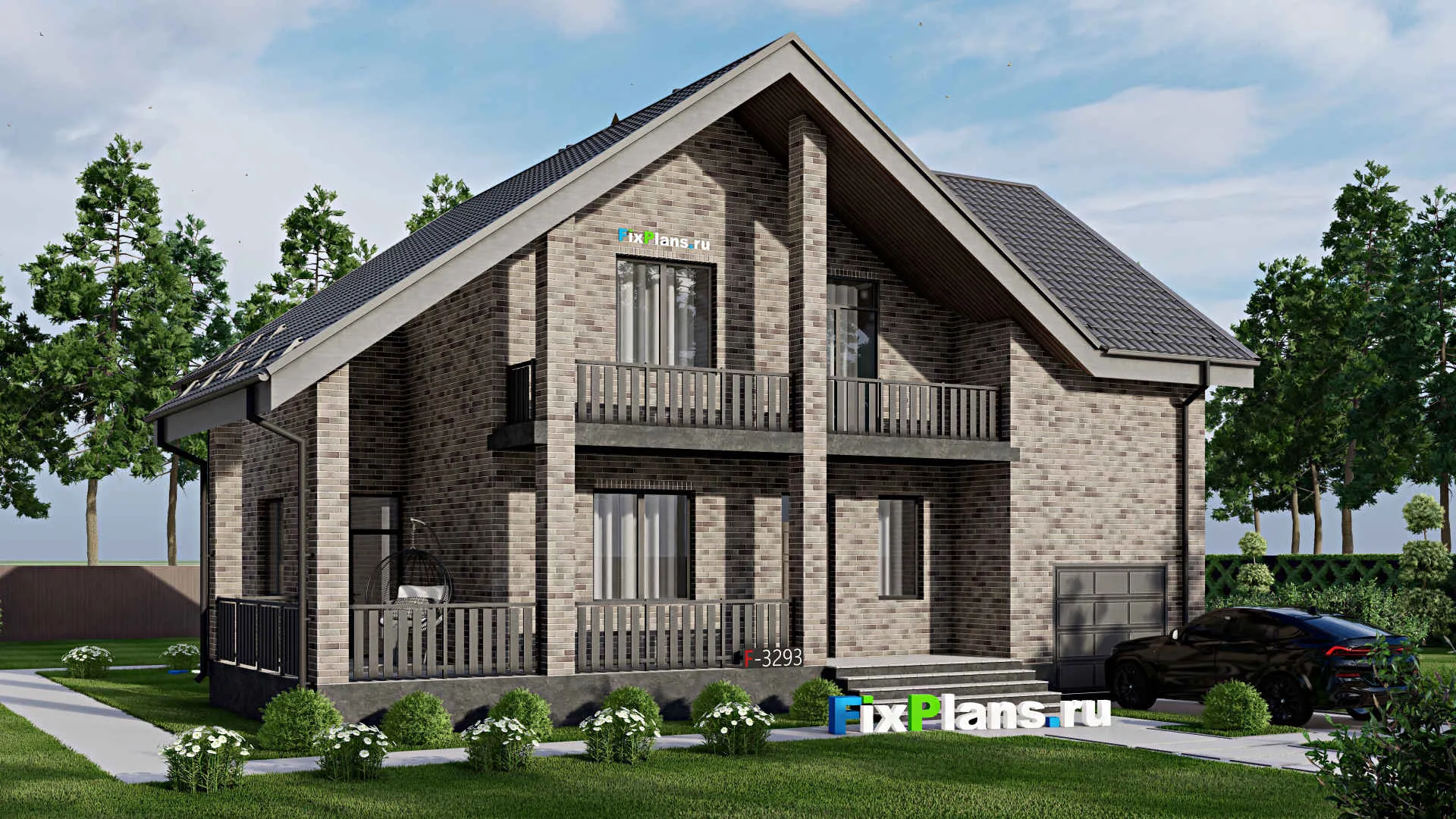 F-3293 - Проект дома с мансардой 13 на 14, площадью 250 м² с террасой, балконом, гаражом на 1 машину, спортзалом и 4 спальнями