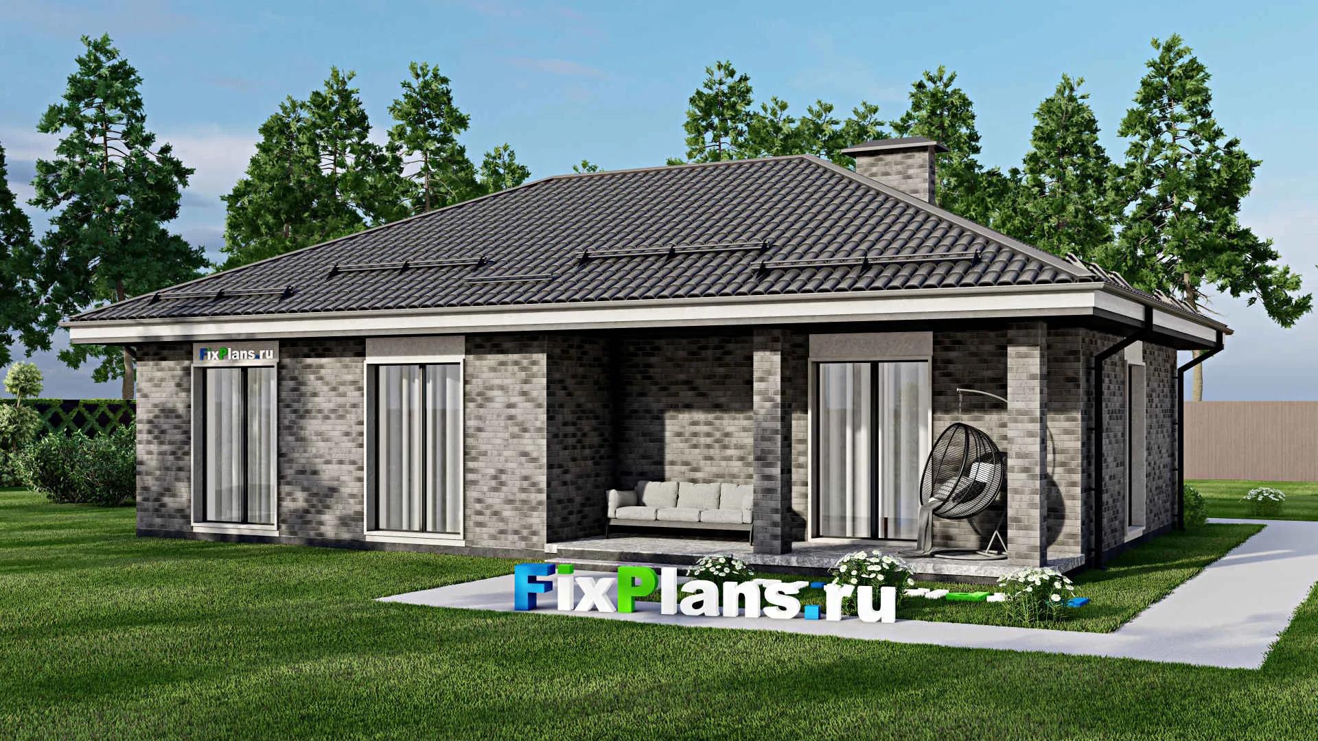 F-2645 - Проект одноэтажного дома 11 на 15, площадью 130 м² с террасой и 3 спальнями