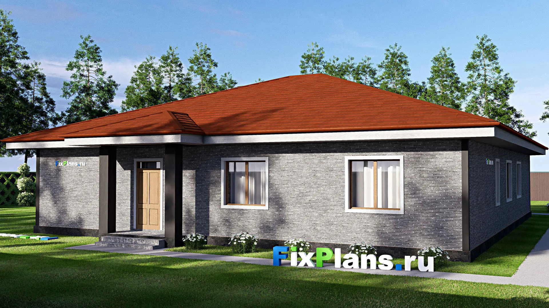 F-18755 - Проект одноэтажного дома 17 на 22, площадью 240 м² с террасой и 3 спальнями