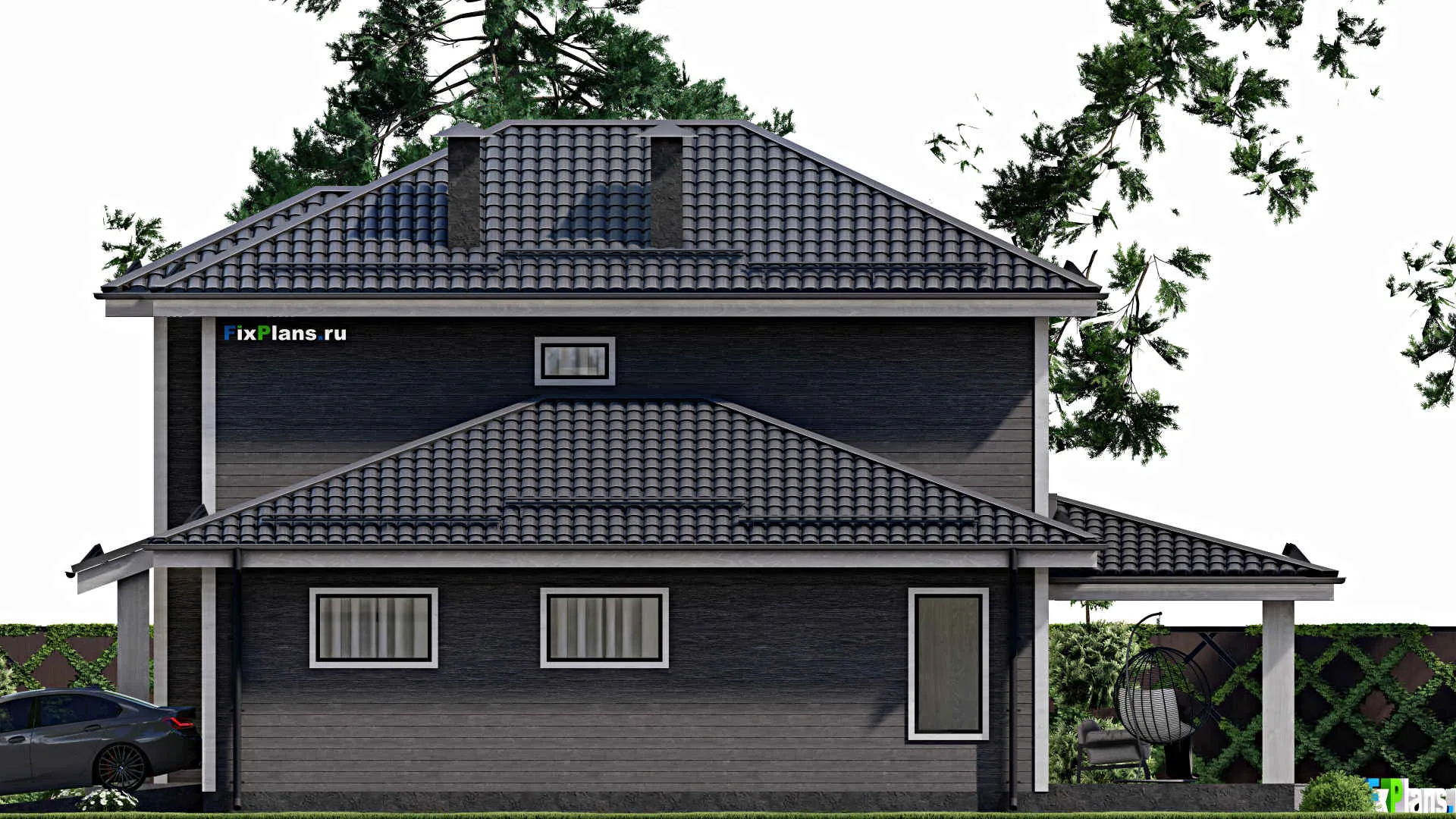 F-3554 - Проект двухэтажного дома 12 на 13, площадью 190 м² с террасой, гаражом на 2 машины и 5 спальнями