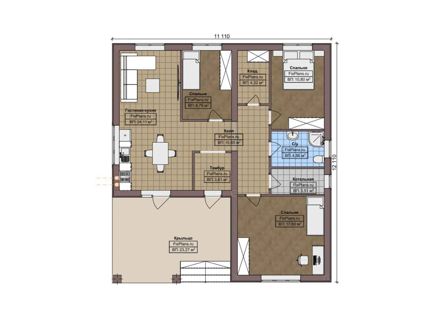 F-8495 - План одноэтажного дома 12 на 13, площадью 120 м² с террасой и 3 спальнями