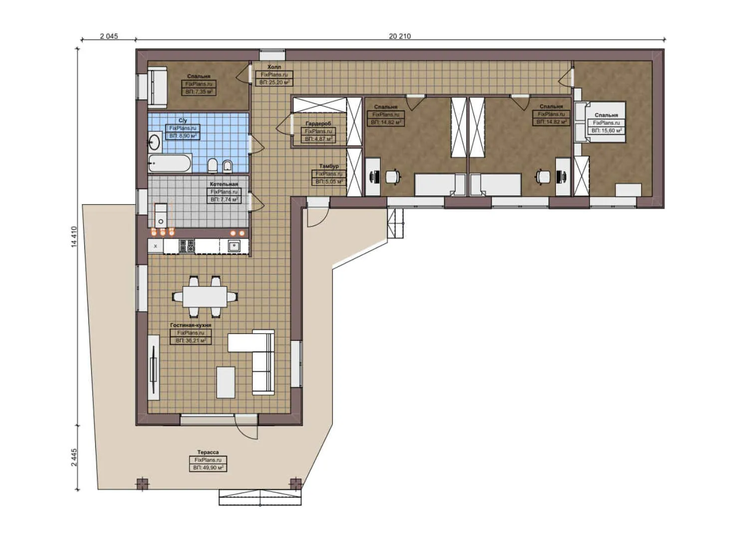 F-6308 - План одноэтажного дома 15 на 21, площадью 190 м² с террасой и 4 спальнями