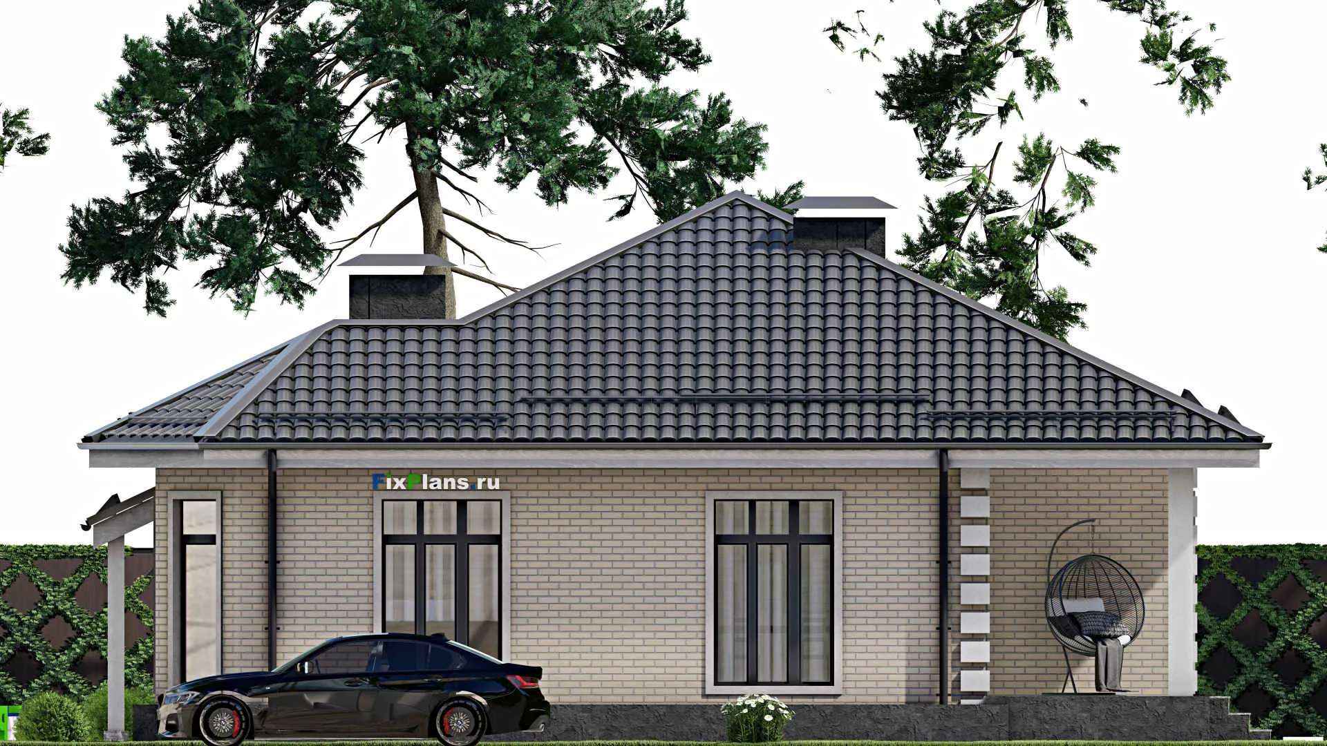 F-4715 - Проект одноэтажного дома 12 на 13, площадью 130 м² с террасой и 3 спальнями