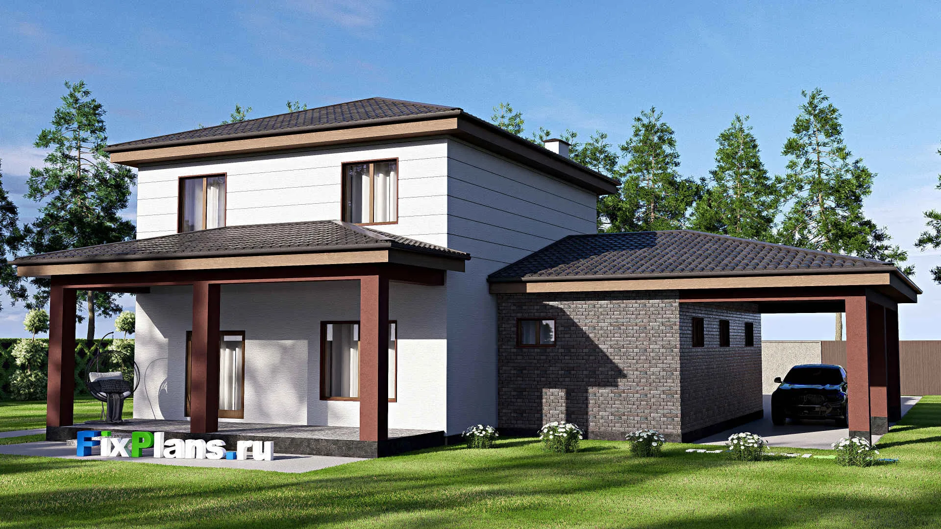 F-18818 - Проект двухэтажного дома 16 на 18, площадью 240 м² с террасой, гаражом на 1 машину и 4 спальнями