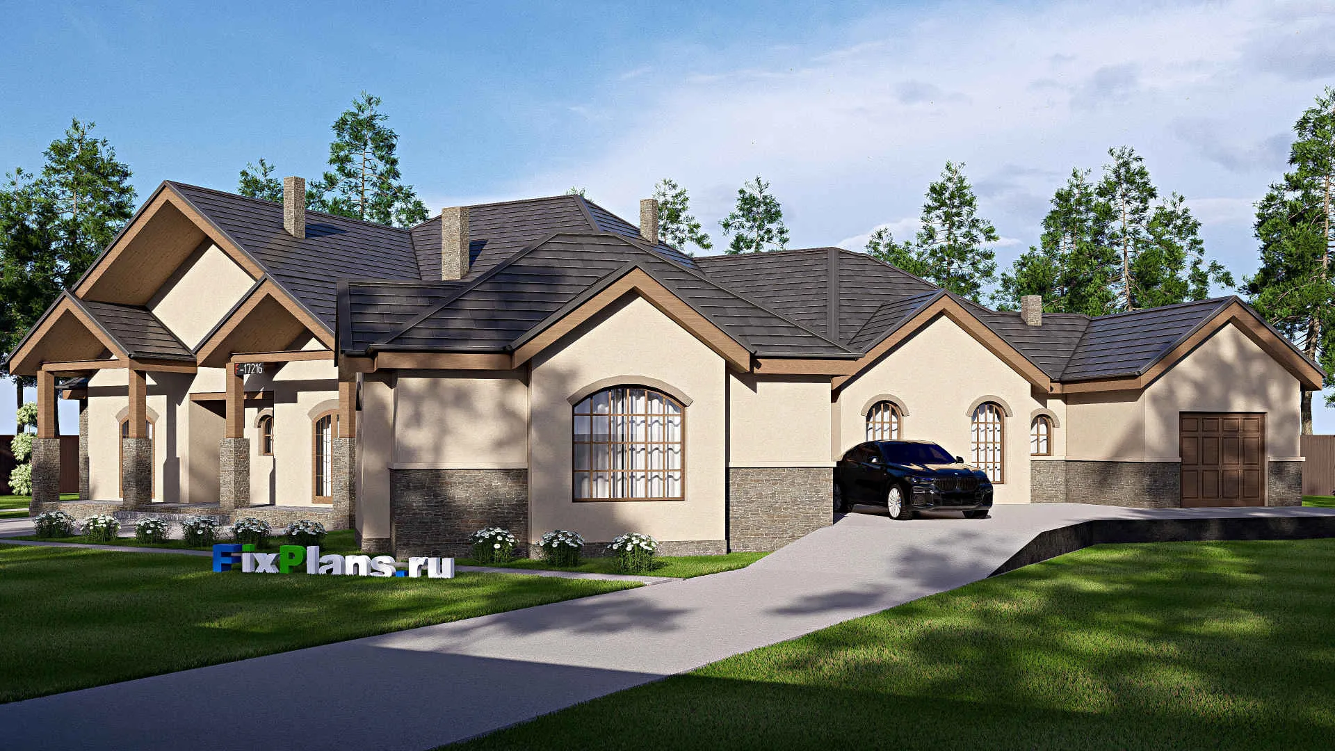 F-17216 - Проект одноэтажного дома 26 на 35, площадью 460 м² с террасой, гаражом на 2 машины и 3 спальнями