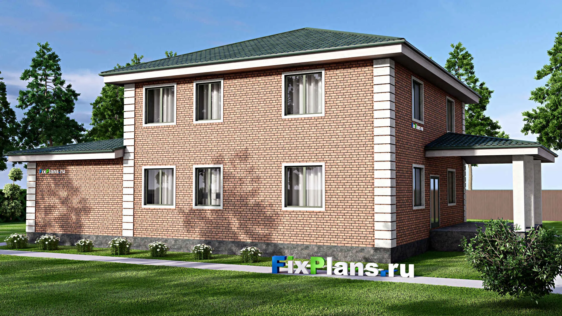 F-13589 - Проект двухэтажного дома 14 на 21, площадью 280 м² с террасой, гаражом на 2 машины и 4 спальнями