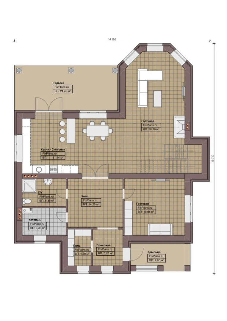 F-0395 - Планы двухэтажного дома 15 на 17, площадью 290 м² с террасой, балконом и 2 спальнями