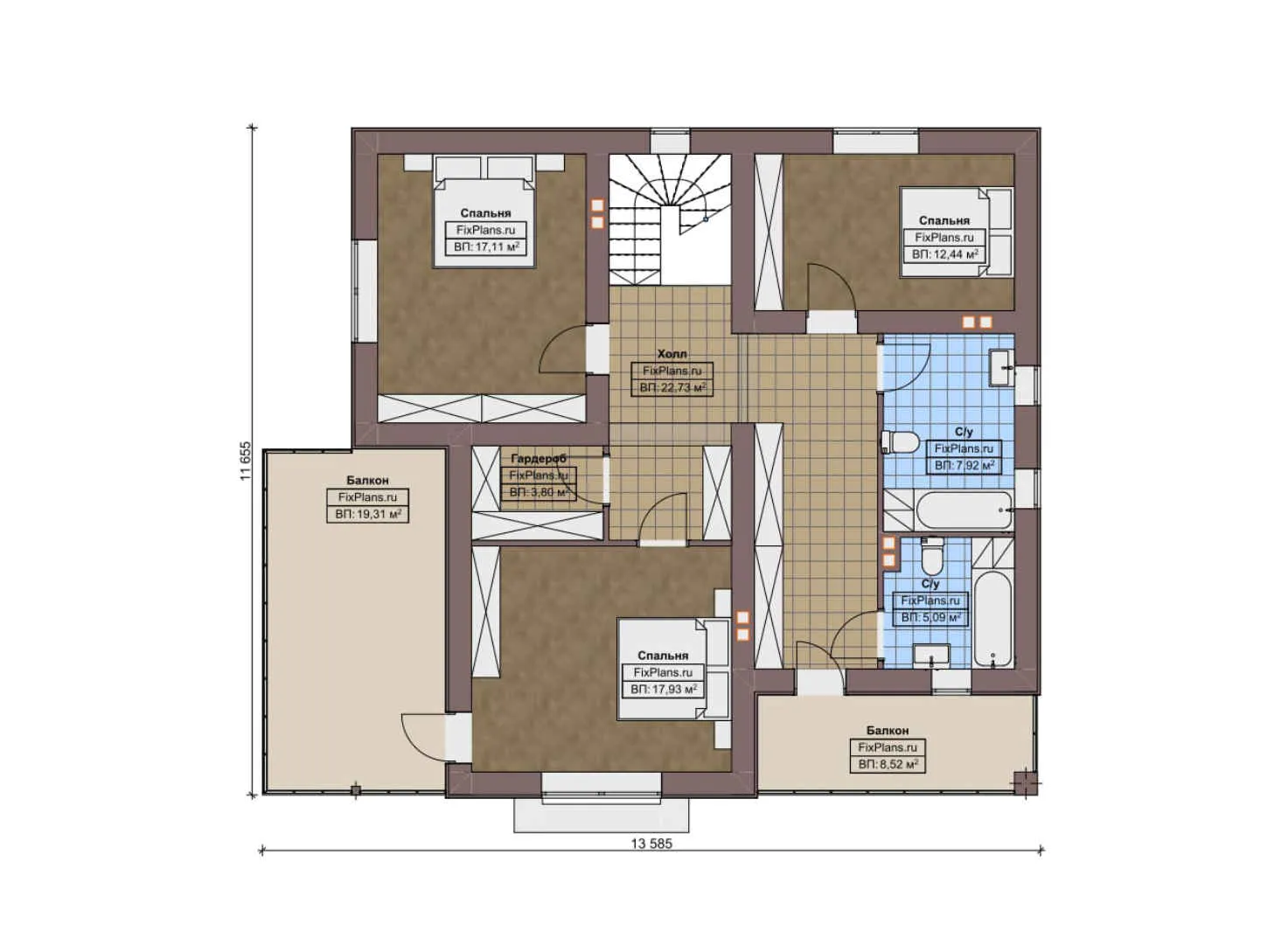 F-11123 - Планы двухэтажного дома 13 на 14, площадью 240 м² с террасой, балконом и 4 спальнями