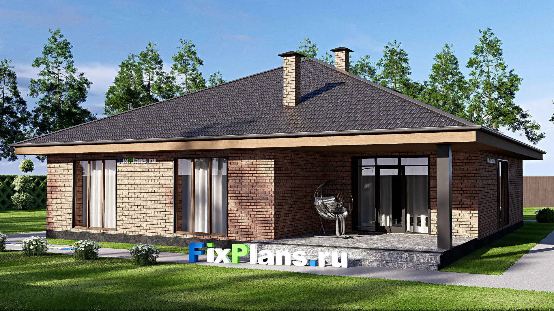 F-17738 - Проект одноэтажного дома 17 на 20, площадью 210 м² с террасой, гаражом на 2 машины и 3 спальнями