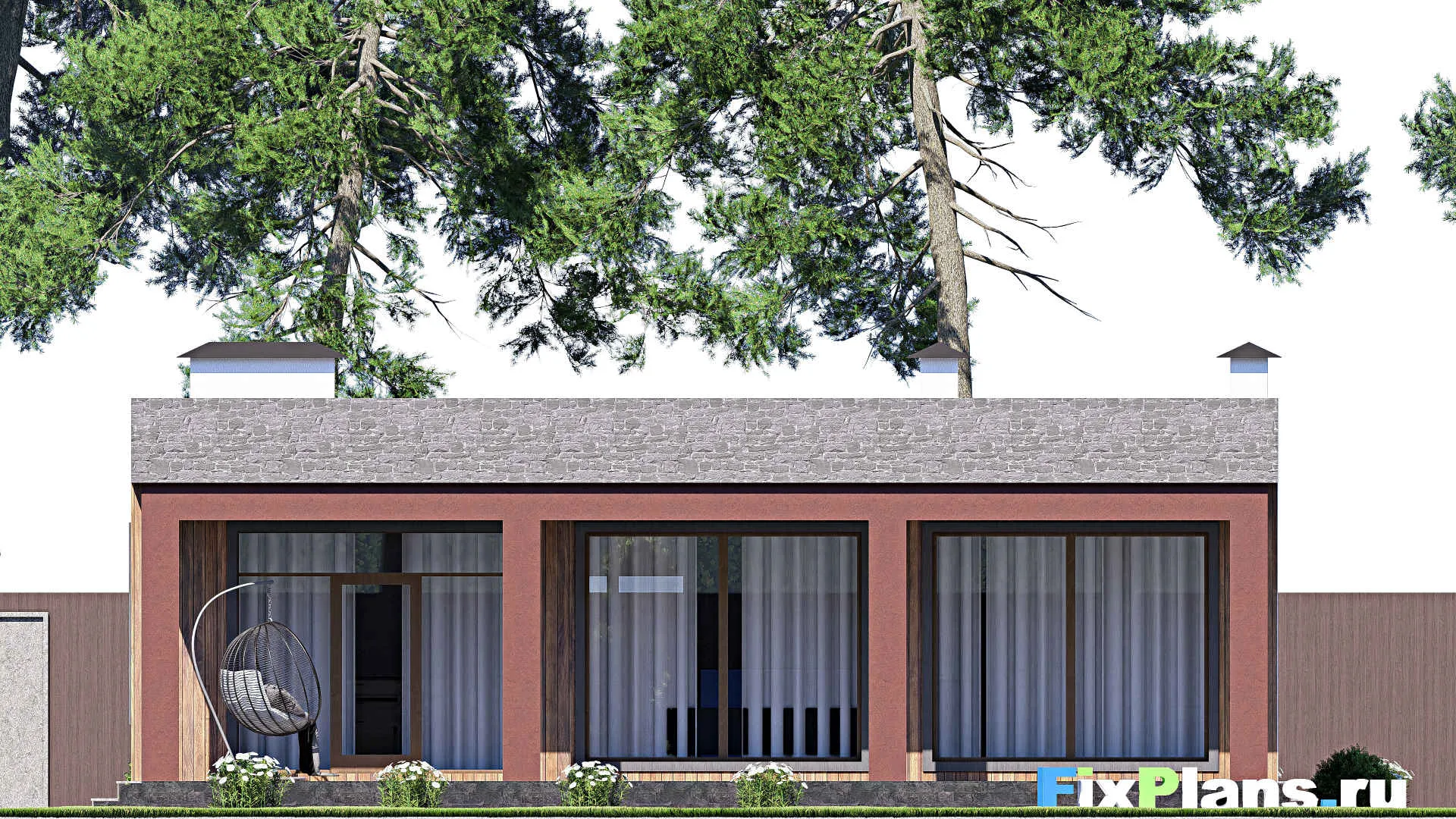 F-17351 - Проект одноэтажного дома 12 на 13, площадью 110 м² с террасой и 2 спальнями