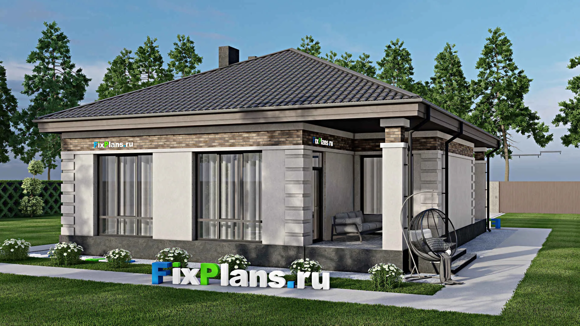 F-2096 - Проект одноэтажного дома 12 на 16, площадью 140 м² с террасой и 3 спальнями