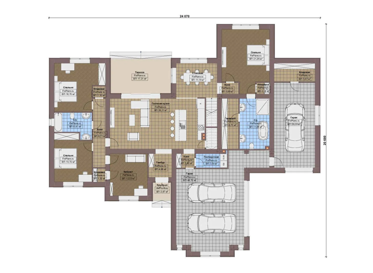 F-17144 - Планы дома с мансардой 21 на 25, площадью 300 м² с террасой, гаражом на 2 машины и 4 спальнями