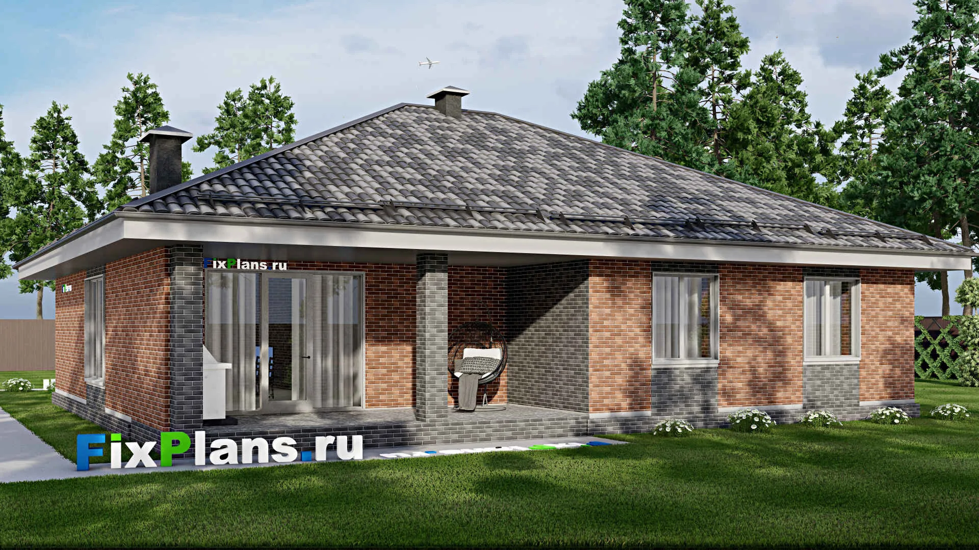 F-5849 - Проект одноэтажного дома 16 на 24, площадью 250 м² с террасой, гаражом на 2 машины и 3 спальнями