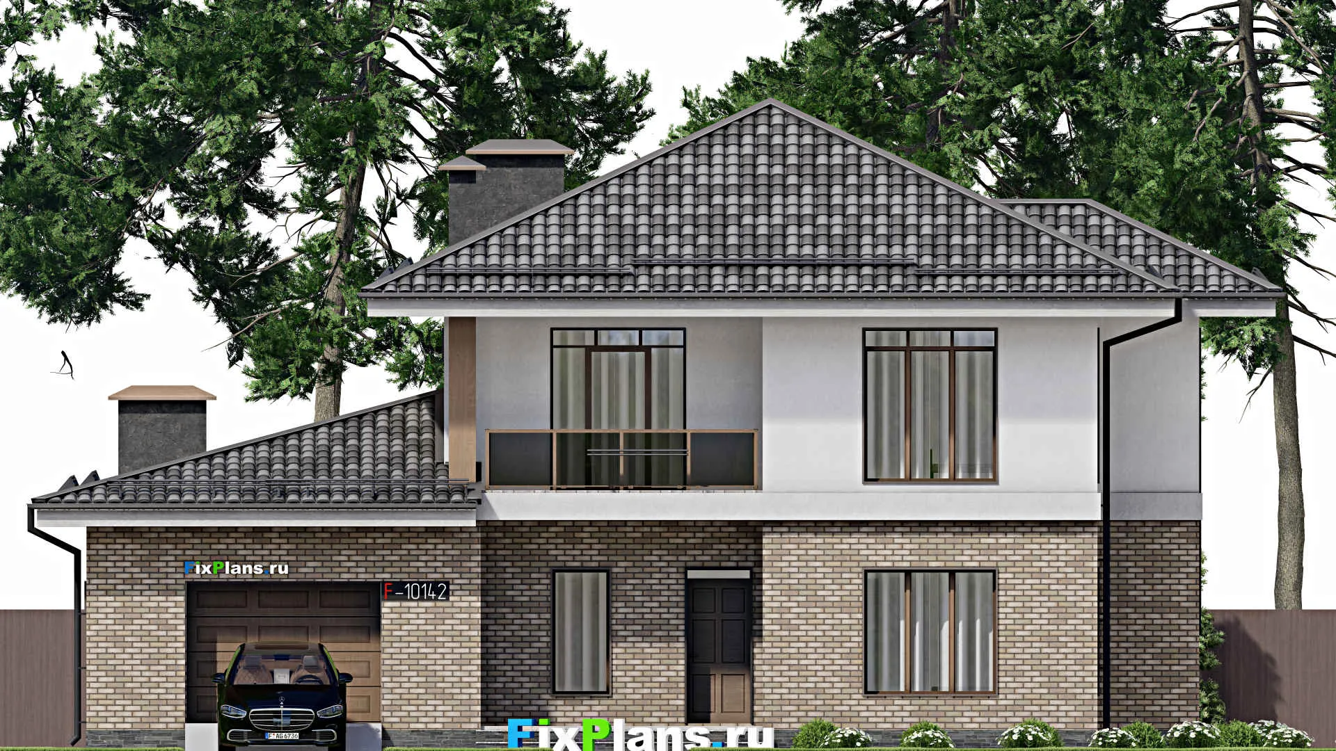F-10142 - Проект двухэтажного дома 15 на 17, площадью 250 м² с террасой, балконом, гаражом на 2 машины и 4 спальнями
