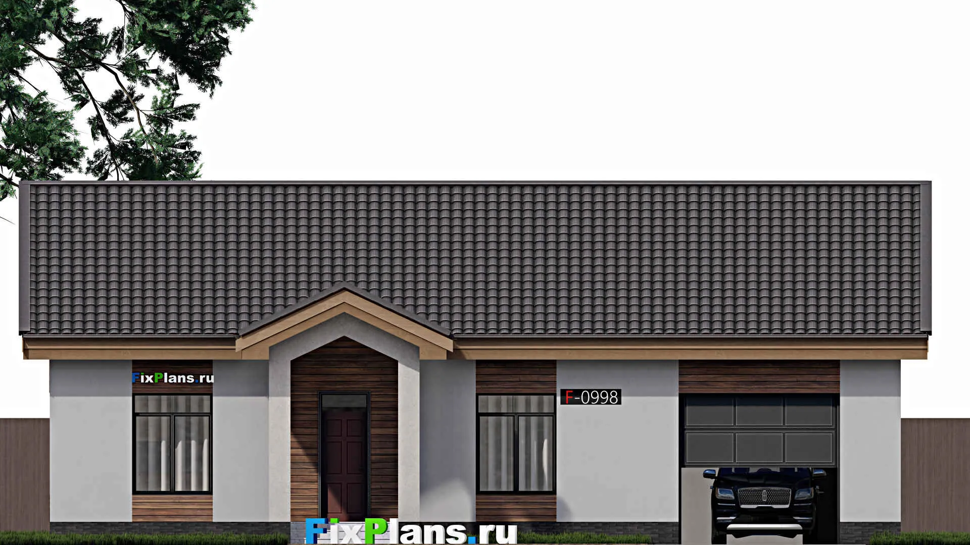 F-0998i - Проект одноэтажного дома 12 на 17, площадью 140 м² с гаражом на 1 машину и 3 спальнями