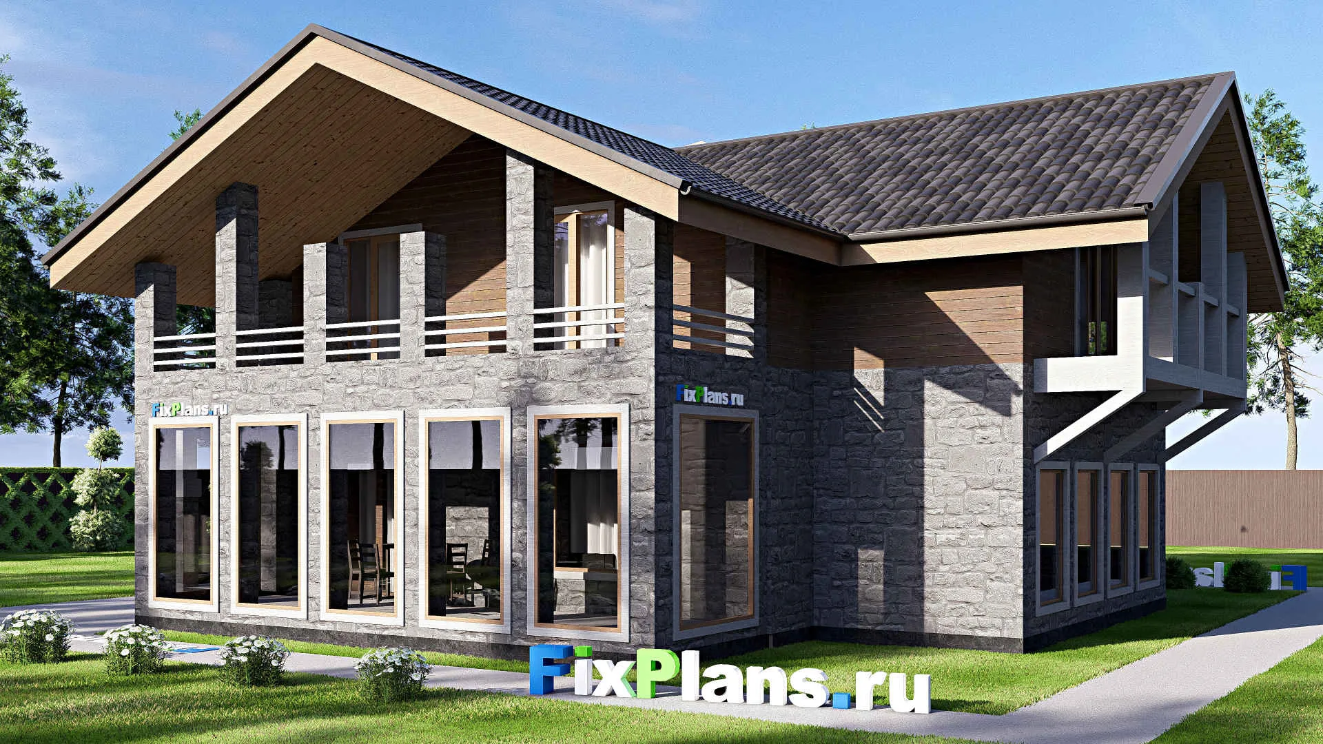 F-20078 - Проект дома с мансардой 15 на 15, площадью 260 м² с террасой, балконом и 3 спальнями