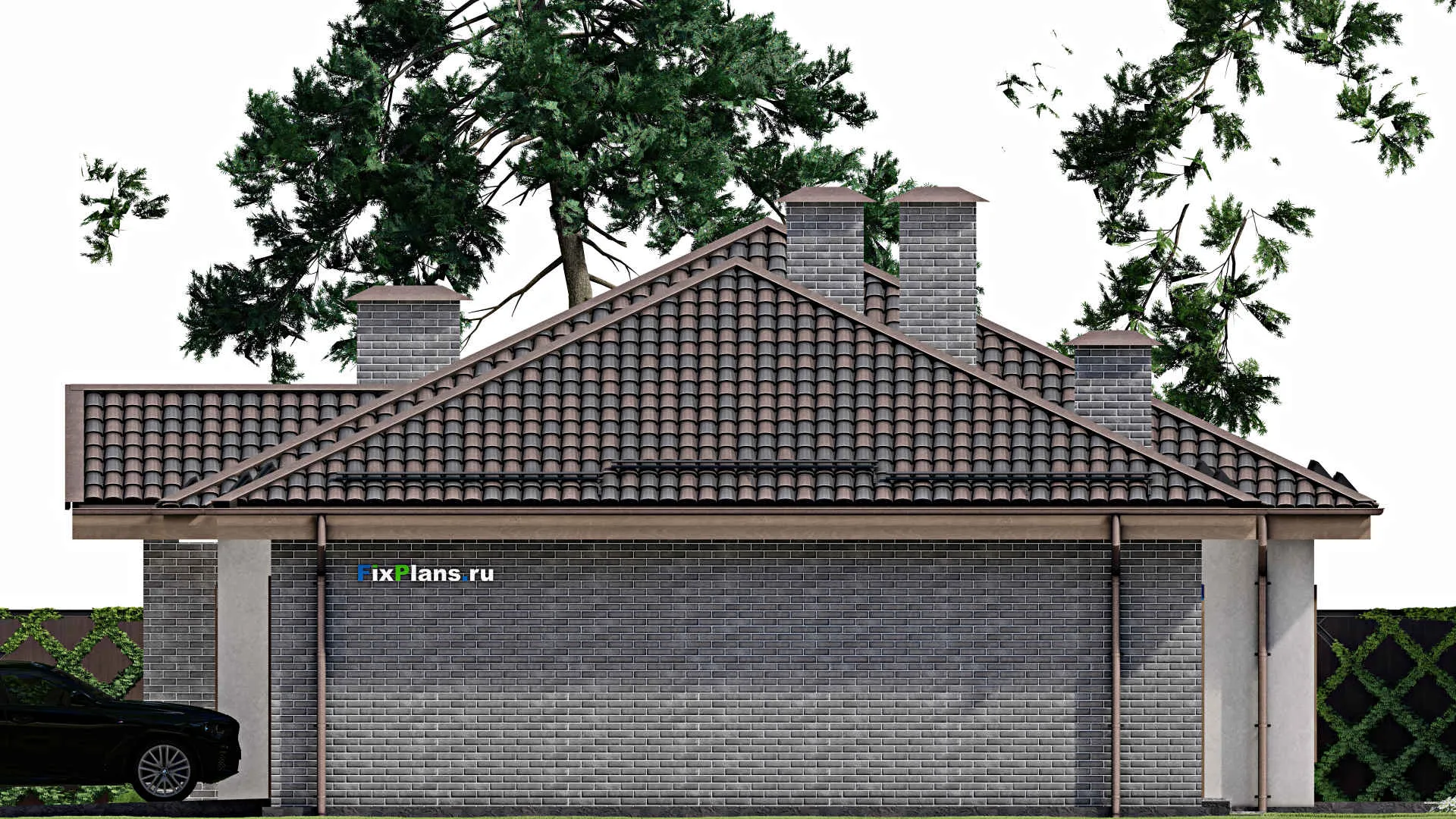 F-7136 - Проект одноэтажного дома 15 на 22, площадью 220 м² с террасой, баней, гаражом на 2 машины и 3 спальнями