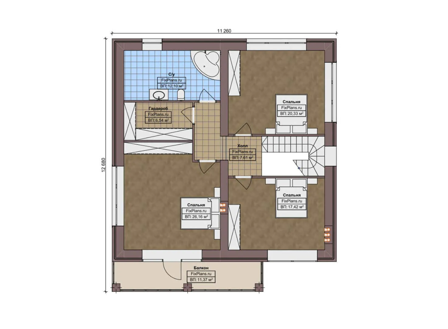 F-10583 - Планы двухэтажного дома 12 на 13, площадью 210 м² с балконом и 4 спальнями