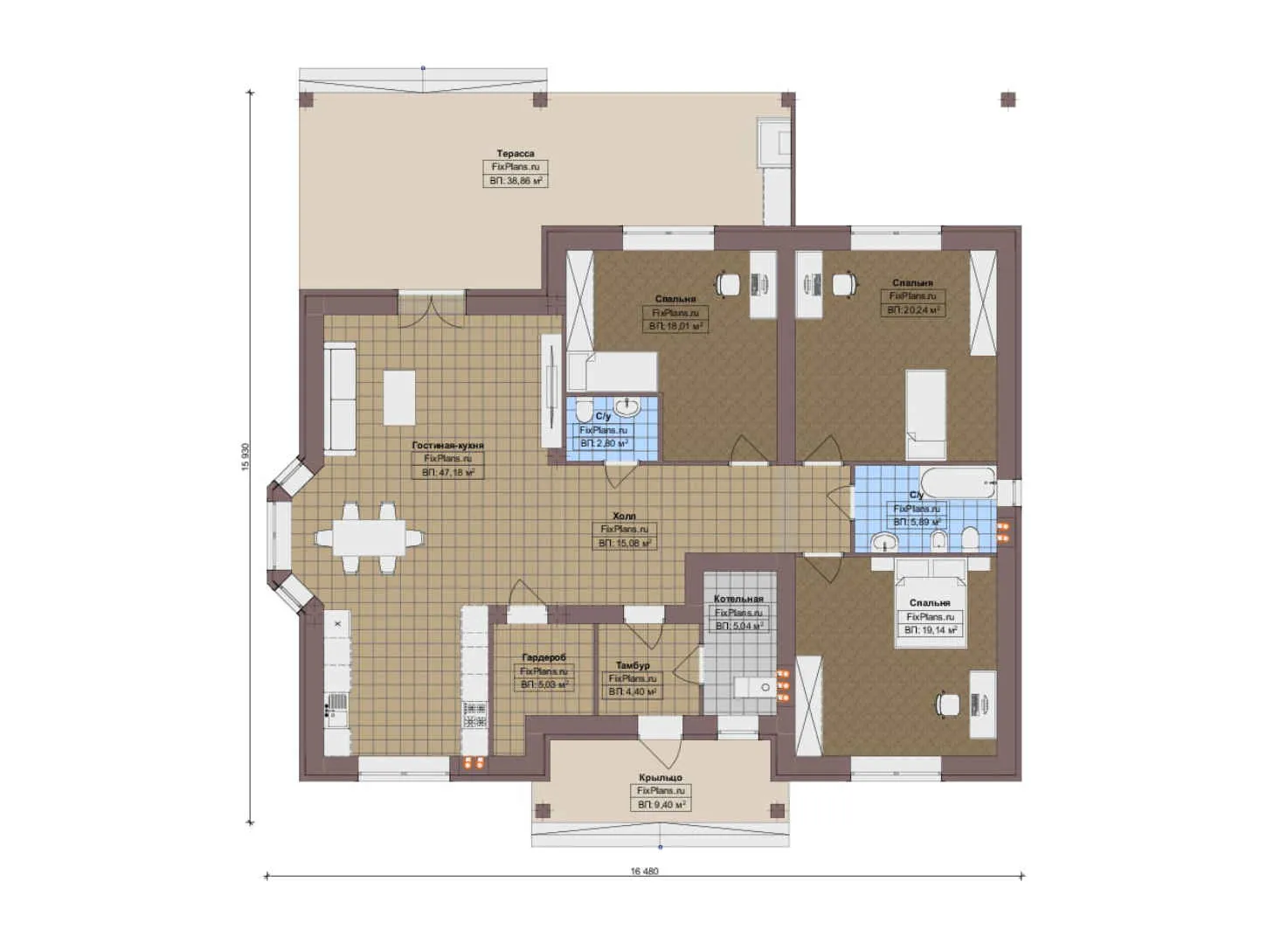 F-13796 - План одноэтажного дома 16 на 17, площадью 200 м² с террасой и 3 спальнями