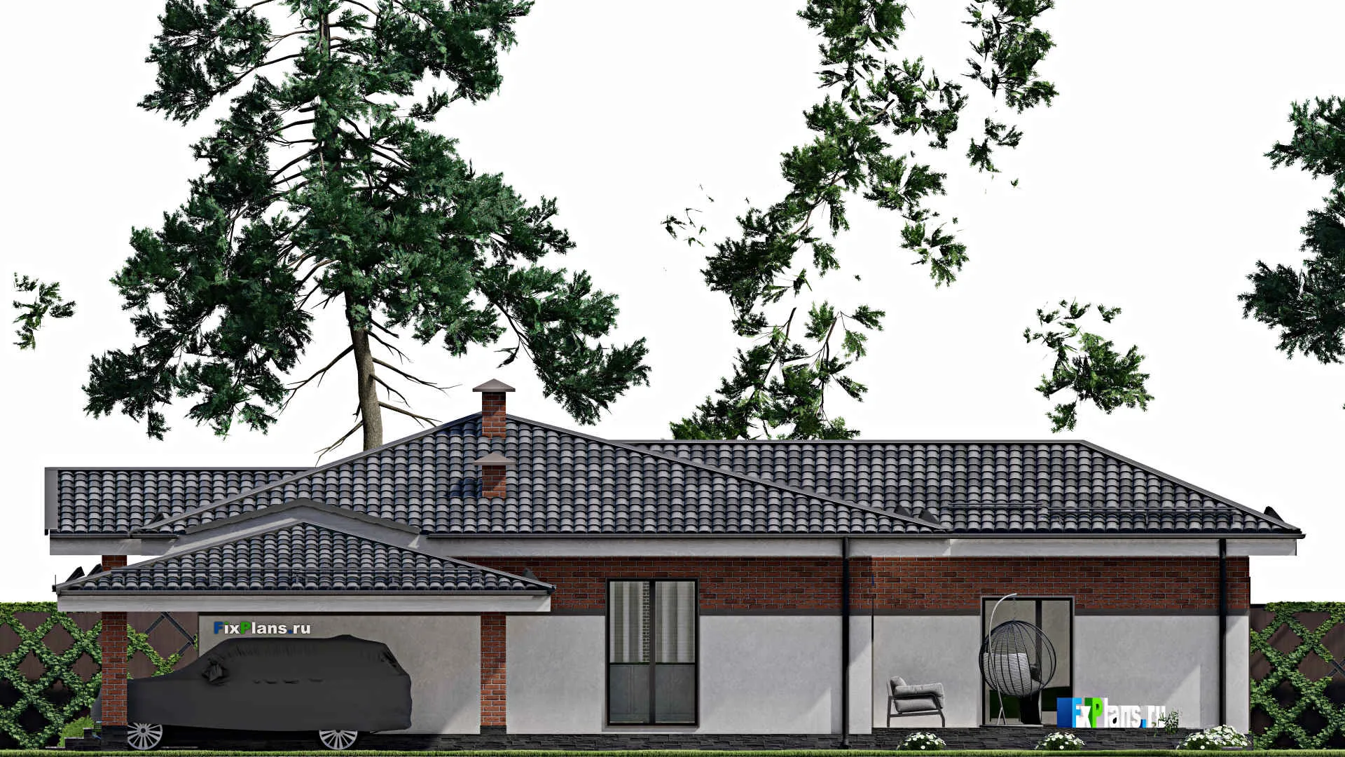 F-6542 - Проект одноэтажного дома 17 на 17, площадью 270 м² с террасой и 3 спальнями