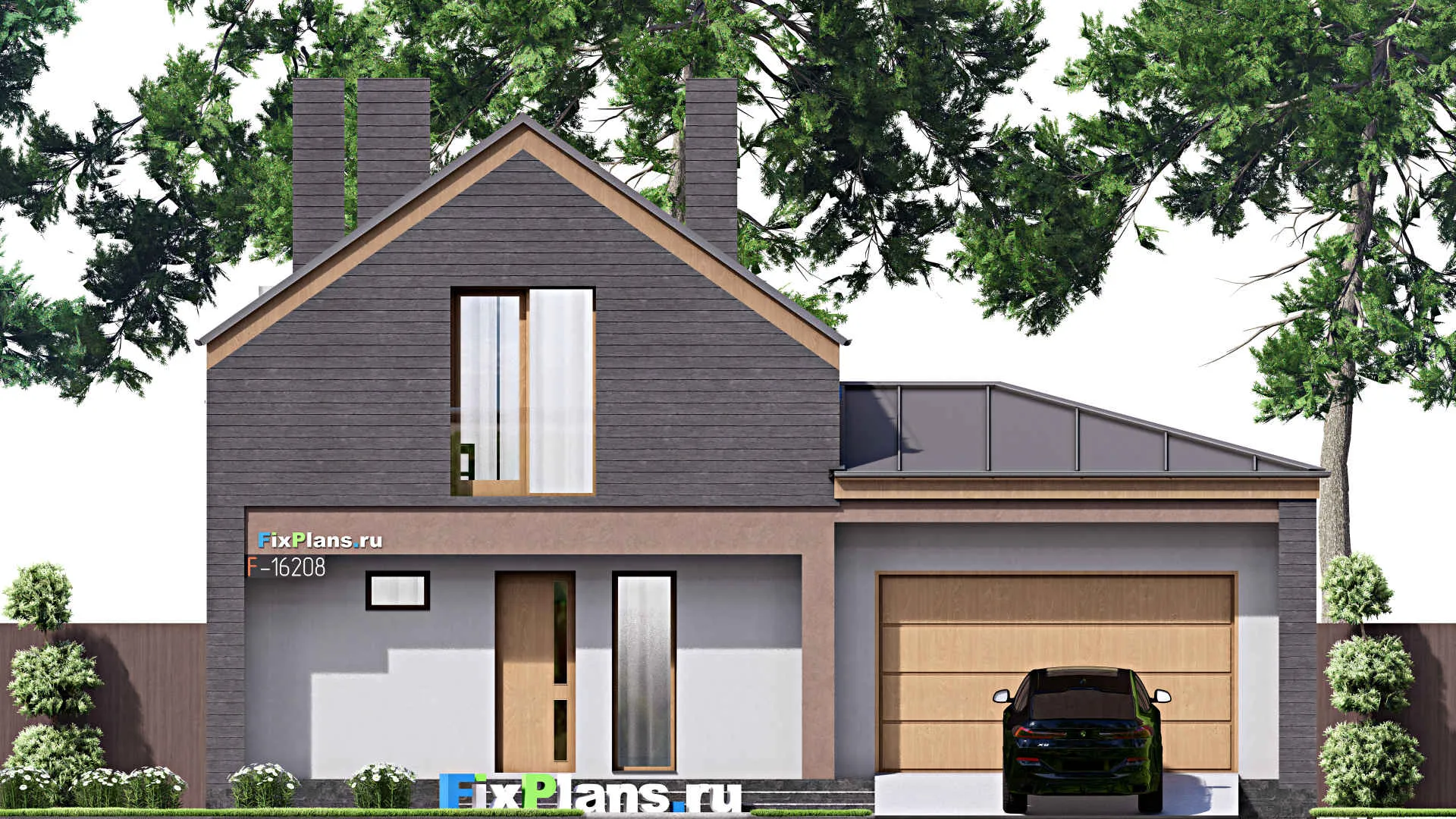 F-16208 - Проект дома с мансардой 13 на 14, площадью 180 м² с балконом, гаражом на 1 машину и 3 спальнями