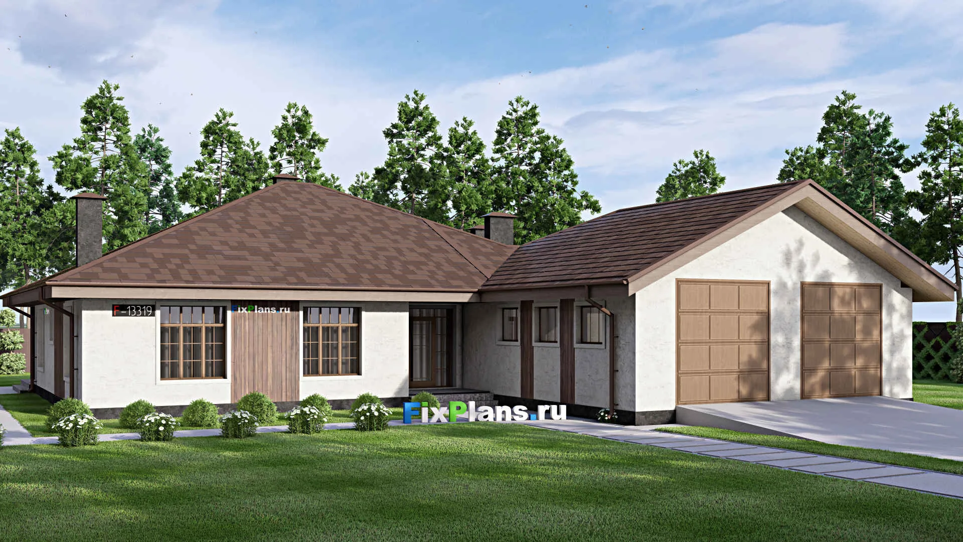 F-13319 - Проект одноэтажного дома 21 на 22, площадью 260 м² с террасой, гаражом на 2 машины и 3 спальнями