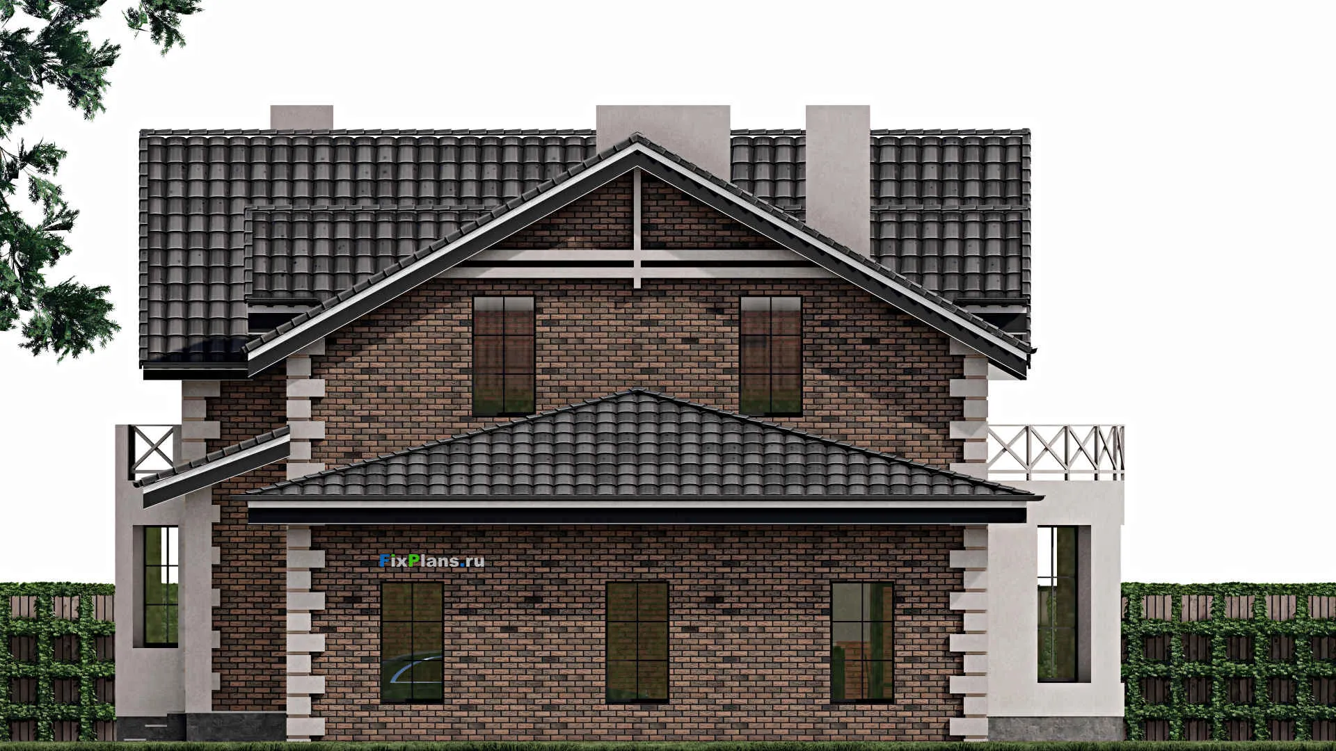 F-0890 - Проект дома с мансардой 15 на 16, площадью 210 м² с балконом, гаражом на 1 машину и 4 спальнями