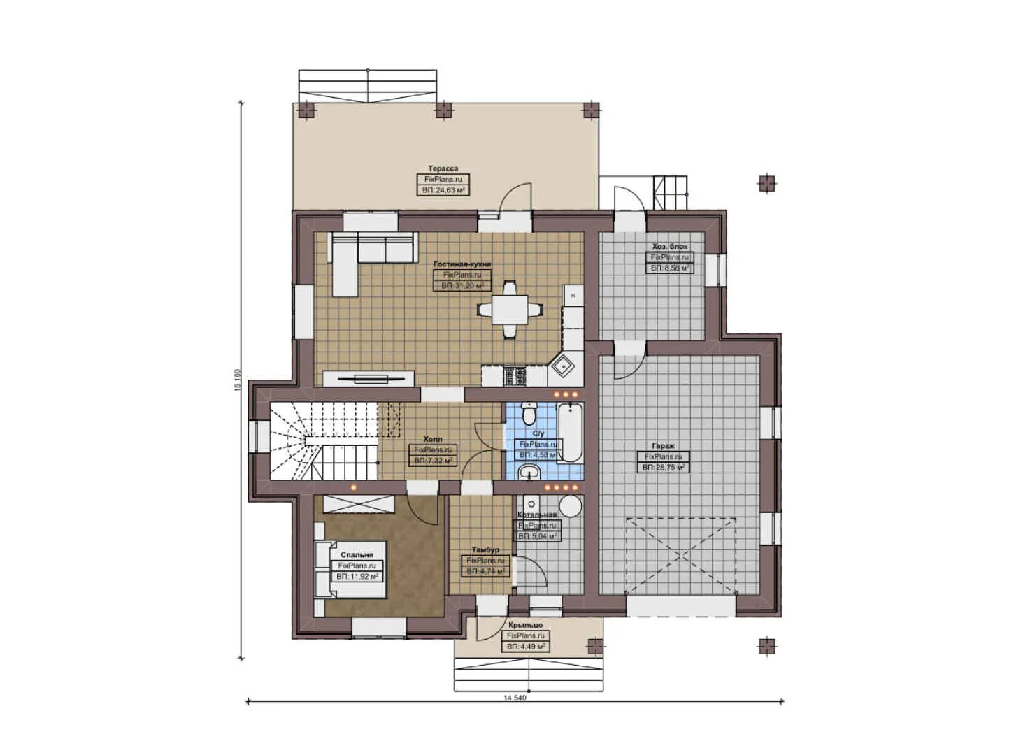 F-4247 - Планы двухэтажного дома 15 на 16, площадью 200 м² с террасой, гаражом на 1 машину и 4 спальнями