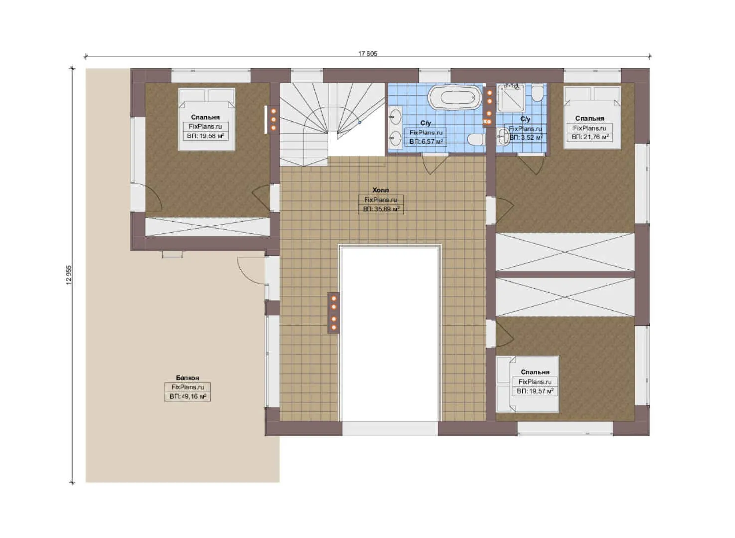 F-14696 - Планы двухэтажного дома 13 на 18, площадью 350 м² с террасой, балконом, баней, бассейном и 3 спальнями