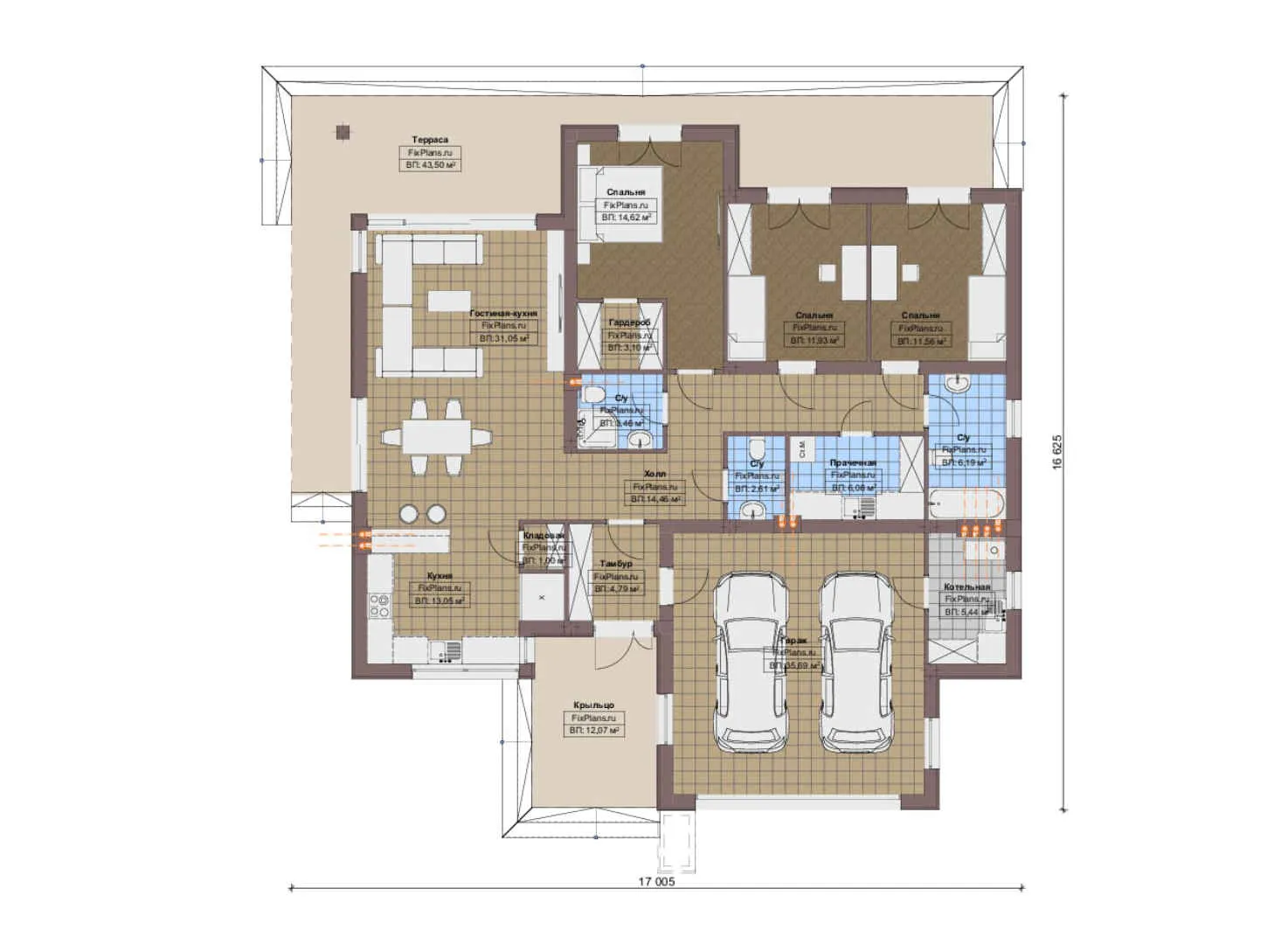 F-15839 - План одноэтажного дома 17 на 17, площадью 230 м² с террасой, гаражом на 2 машины и 3 спальнями