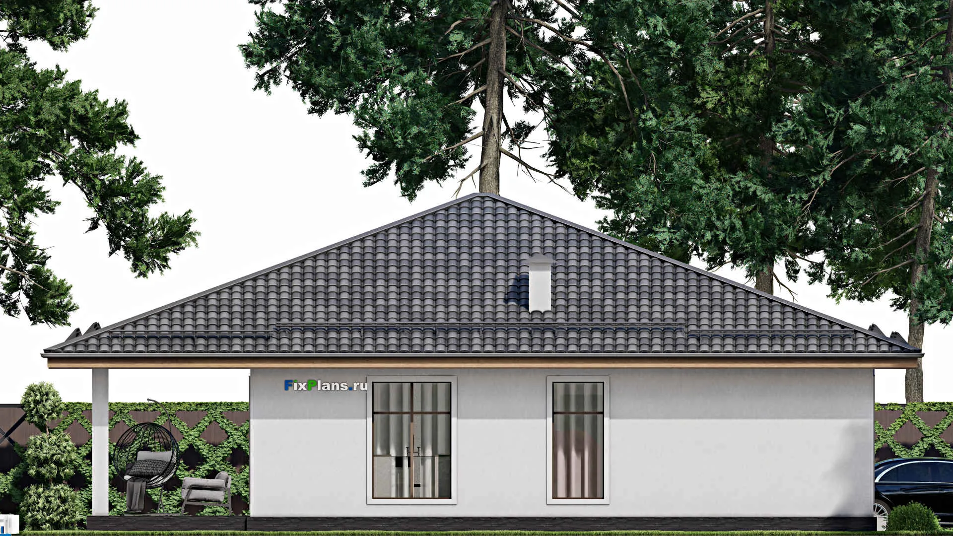 F-10628 - Проект одноэтажного дома 14 на 15, площадью 170 м² с террасой и 2 спальнями