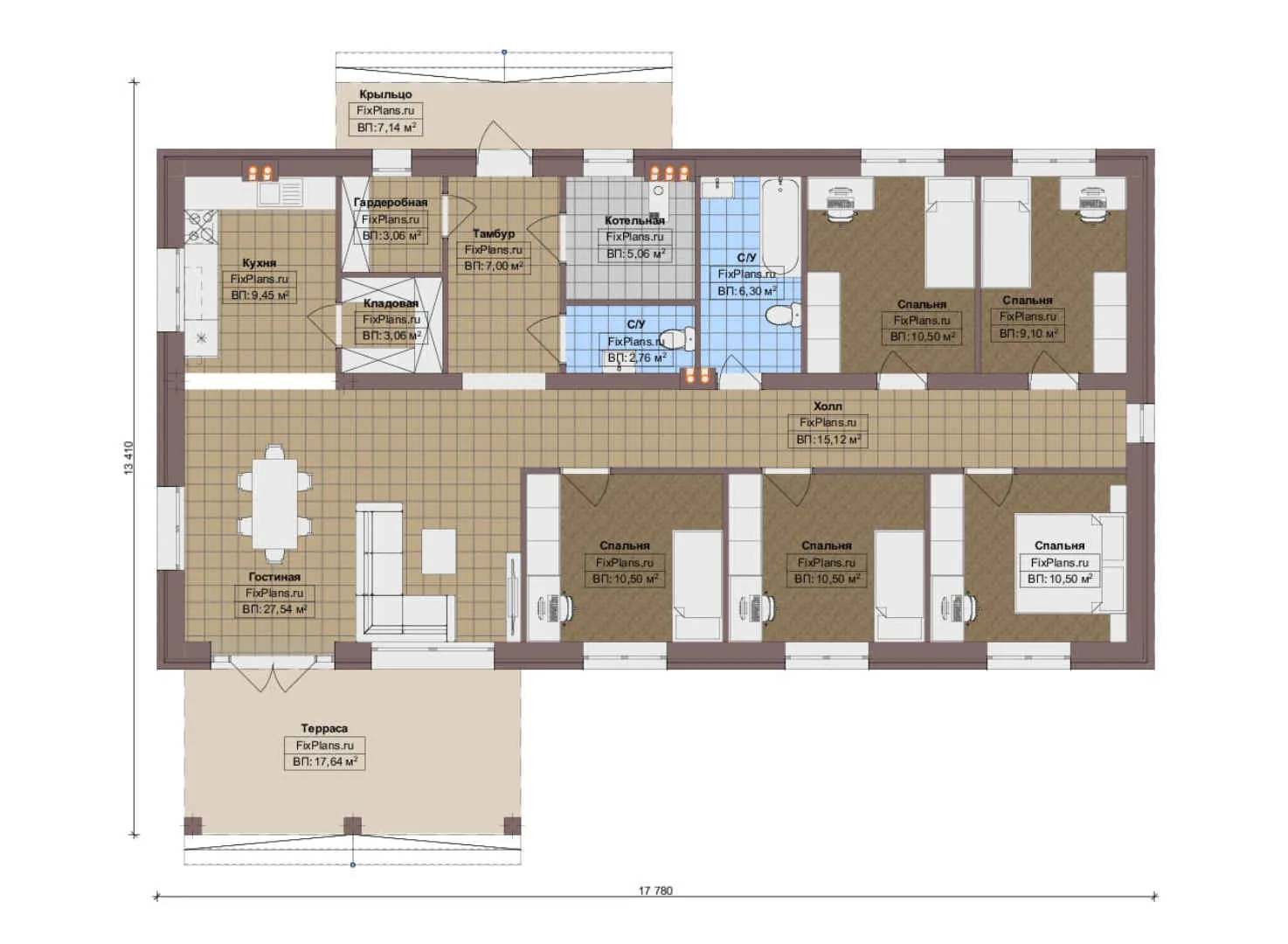 F-19358 - План одноэтажного дома 14 на 18, площадью 160 м² с террасой и 5 спальнями