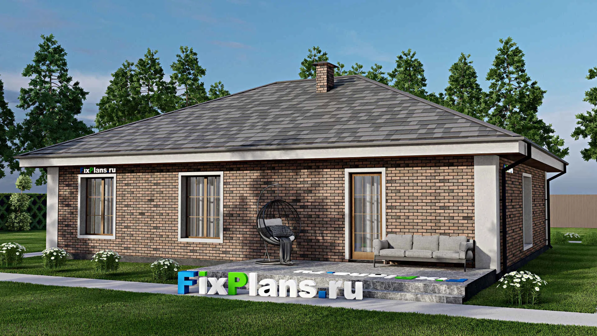 F-12086 - План одноэтажного дома 16 на 20, площадью 180 м² с террасой и 3 спальнями