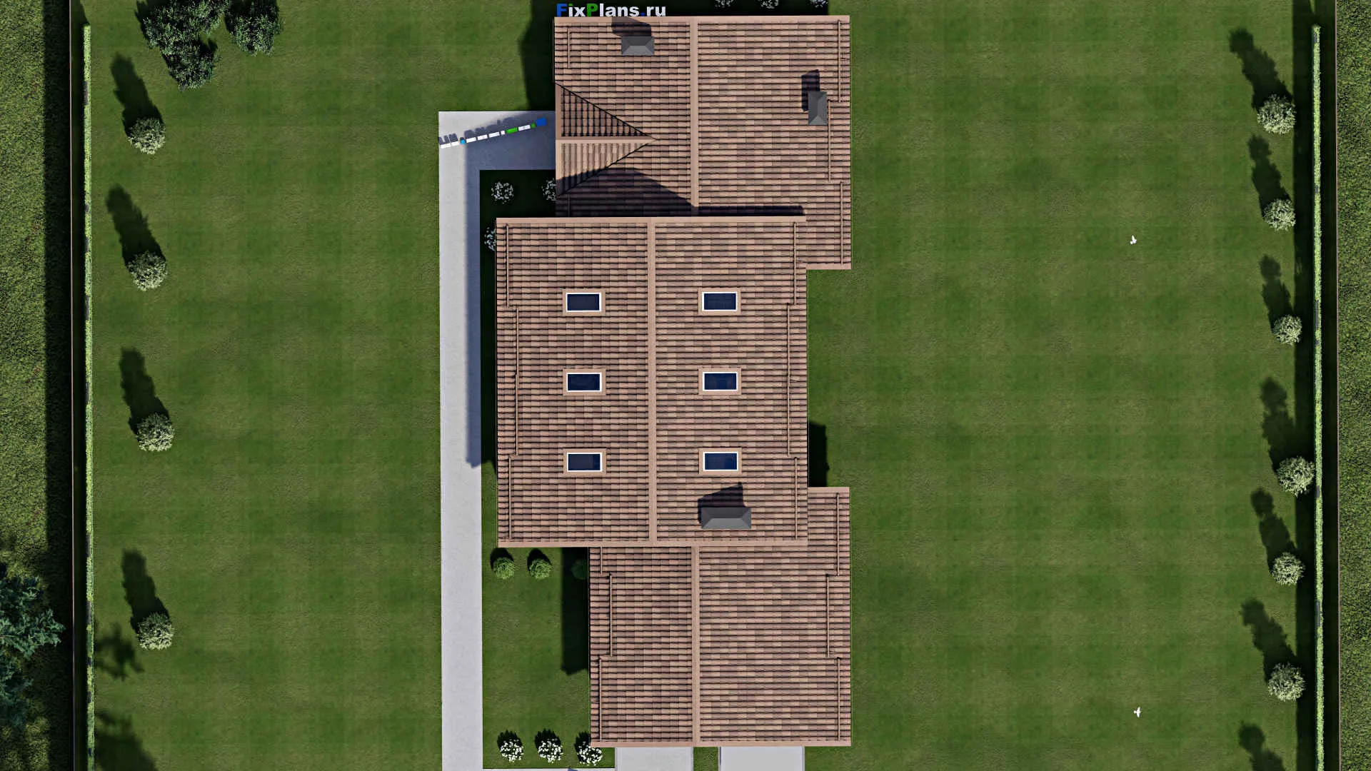 F-9053 - Проект одноэтажного дома 12 на 26, площадью 190 м² с террасой, баней, гаражом на 1 машину и 2 спальнями