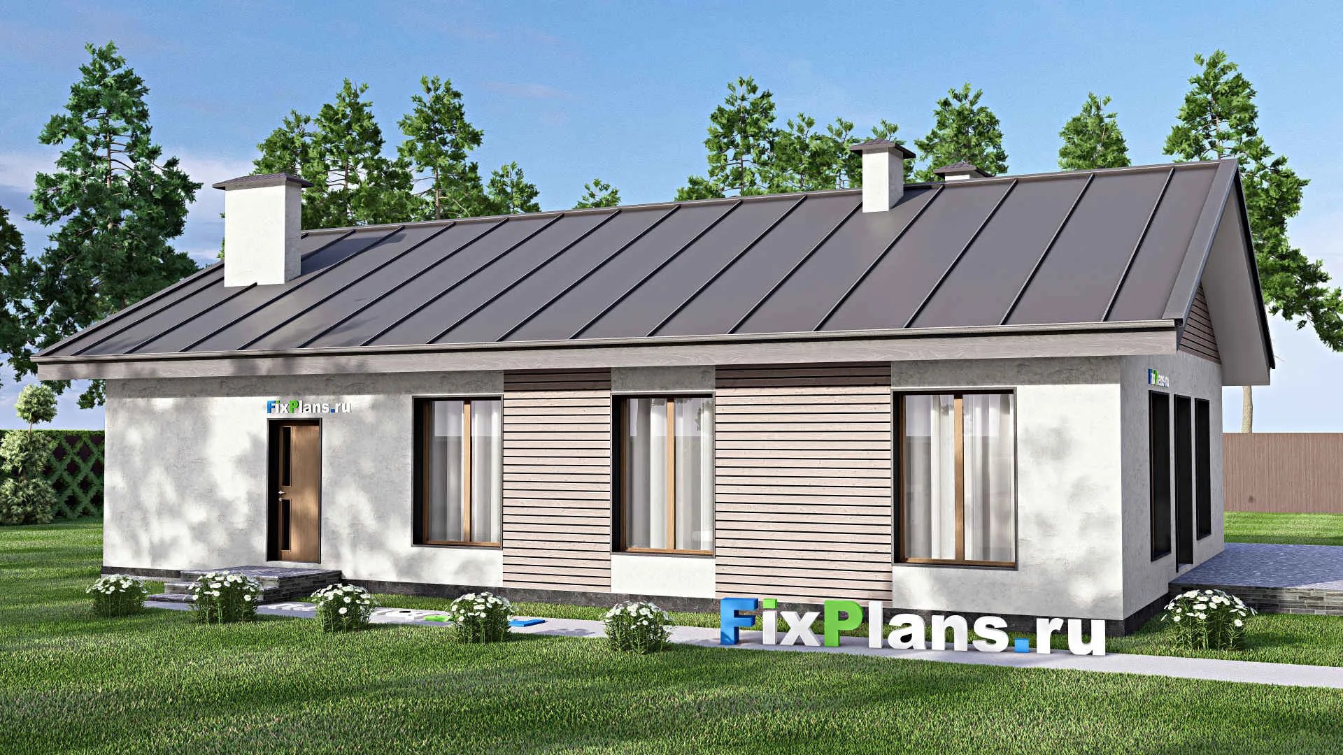 F-12743 - План одноэтажного дома 13 на 20, площадью 170 м² с террасой, гаражом на 1 машину и 3 спальнями