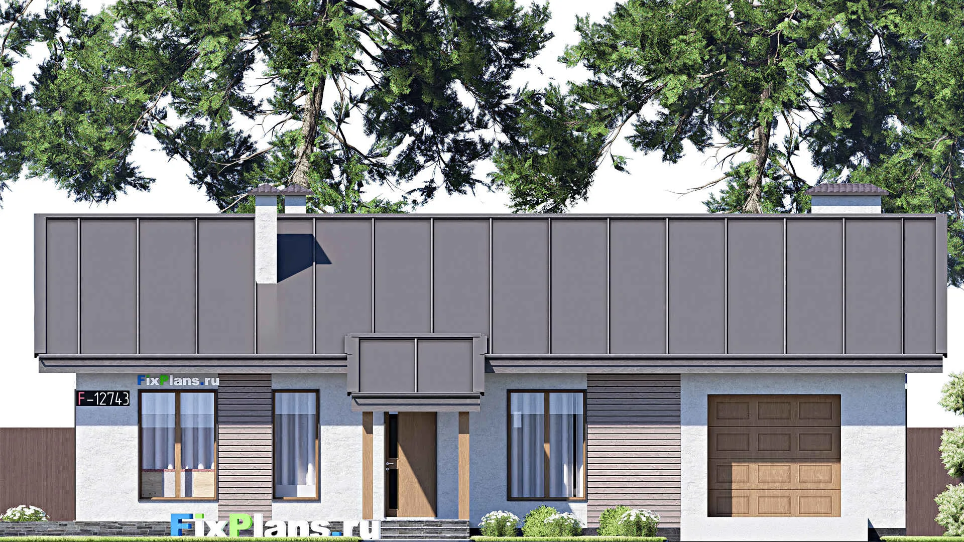 F-12743 - План одноэтажного дома 13 на 20, площадью 170 м² с террасой, гаражом на 1 машину и 3 спальнями