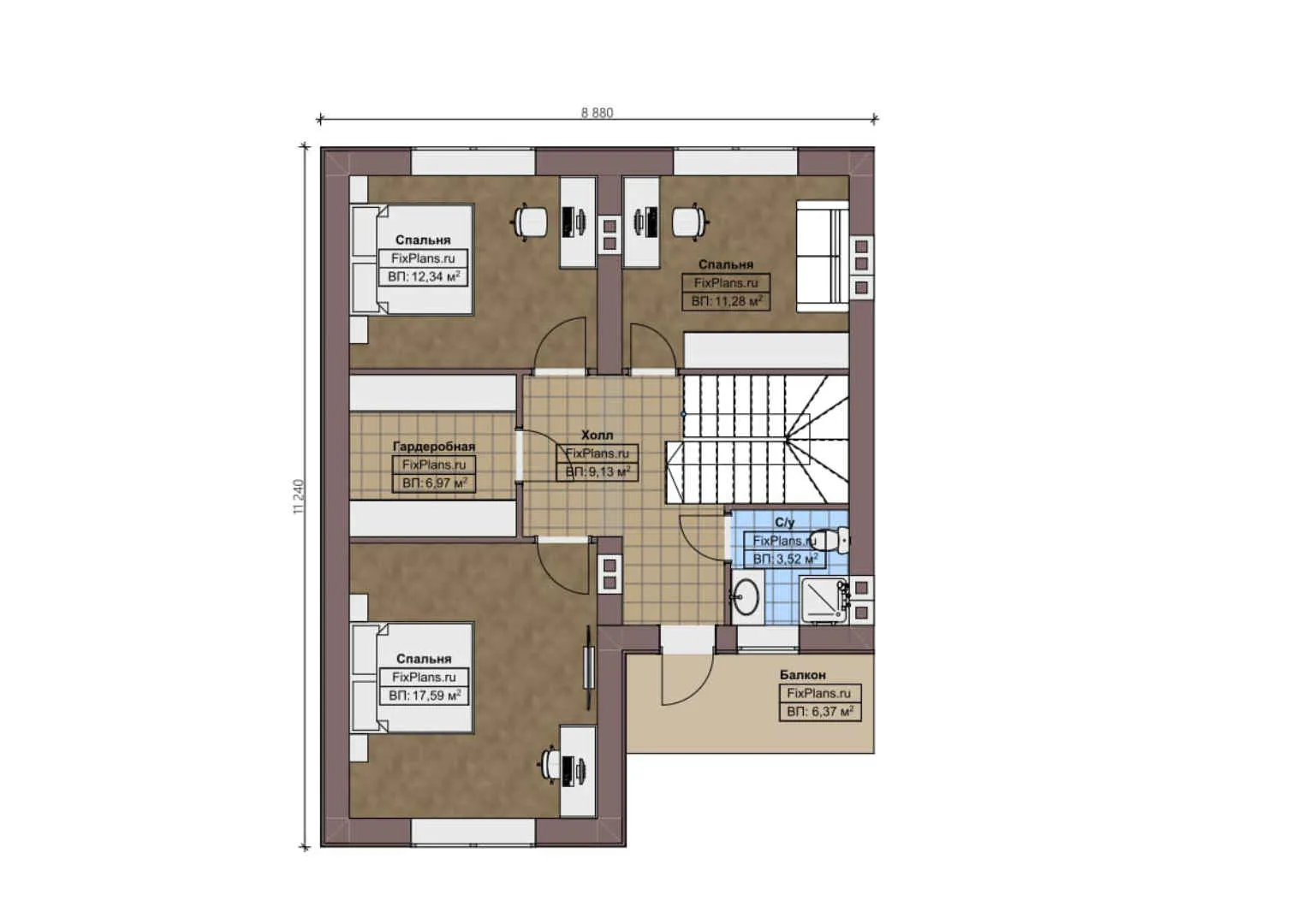 F-1403 - Планы дома с мансардой 12 на 14, площадью 190 м² с террасой, балконом, гаражом на 1 машину и 4 спальнями