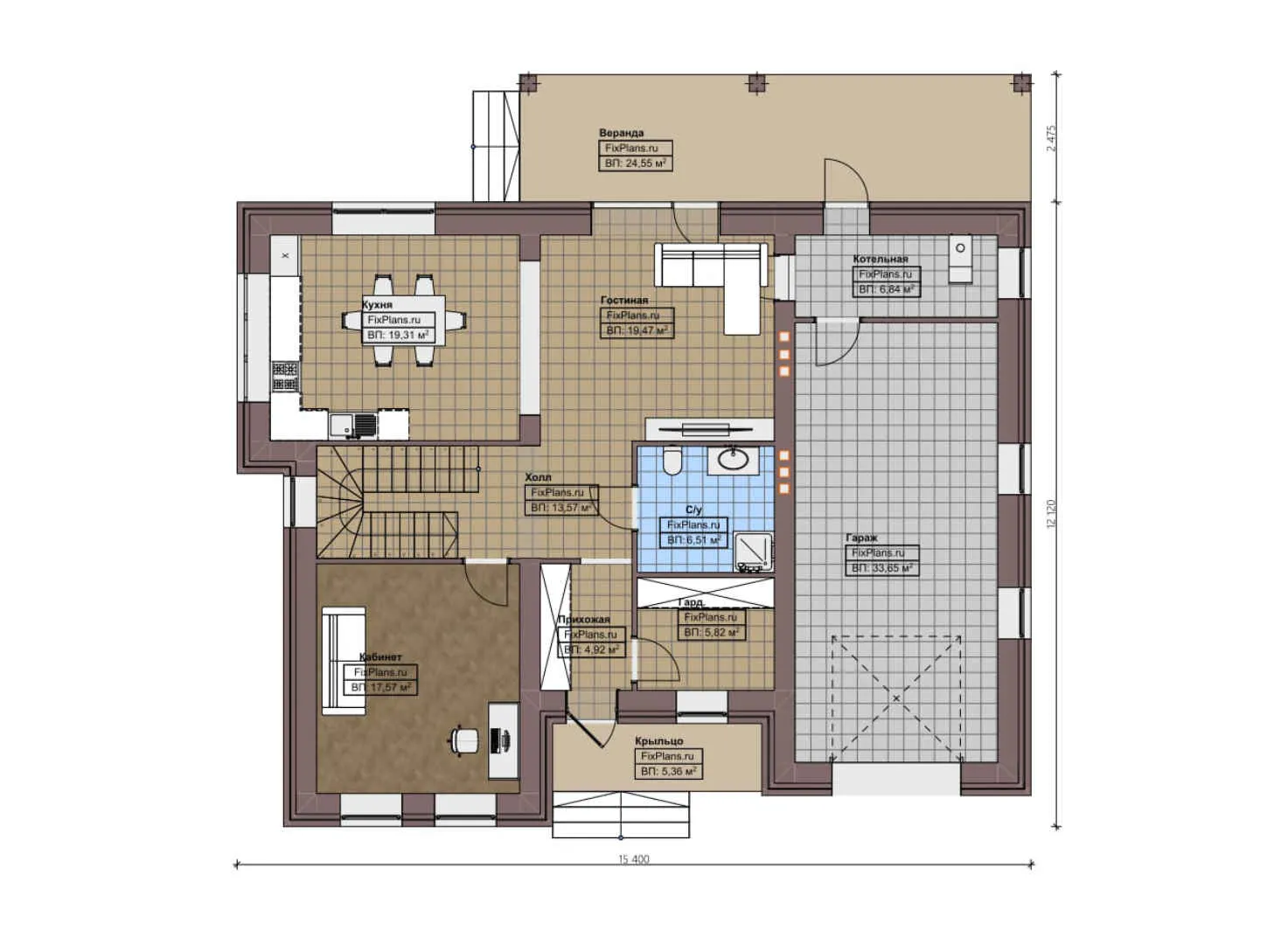 F-2213 - Планы двухэтажного дома 13 на 16, площадью 240 м² с террасой, гаражом на 1 машину и 3 спальнями