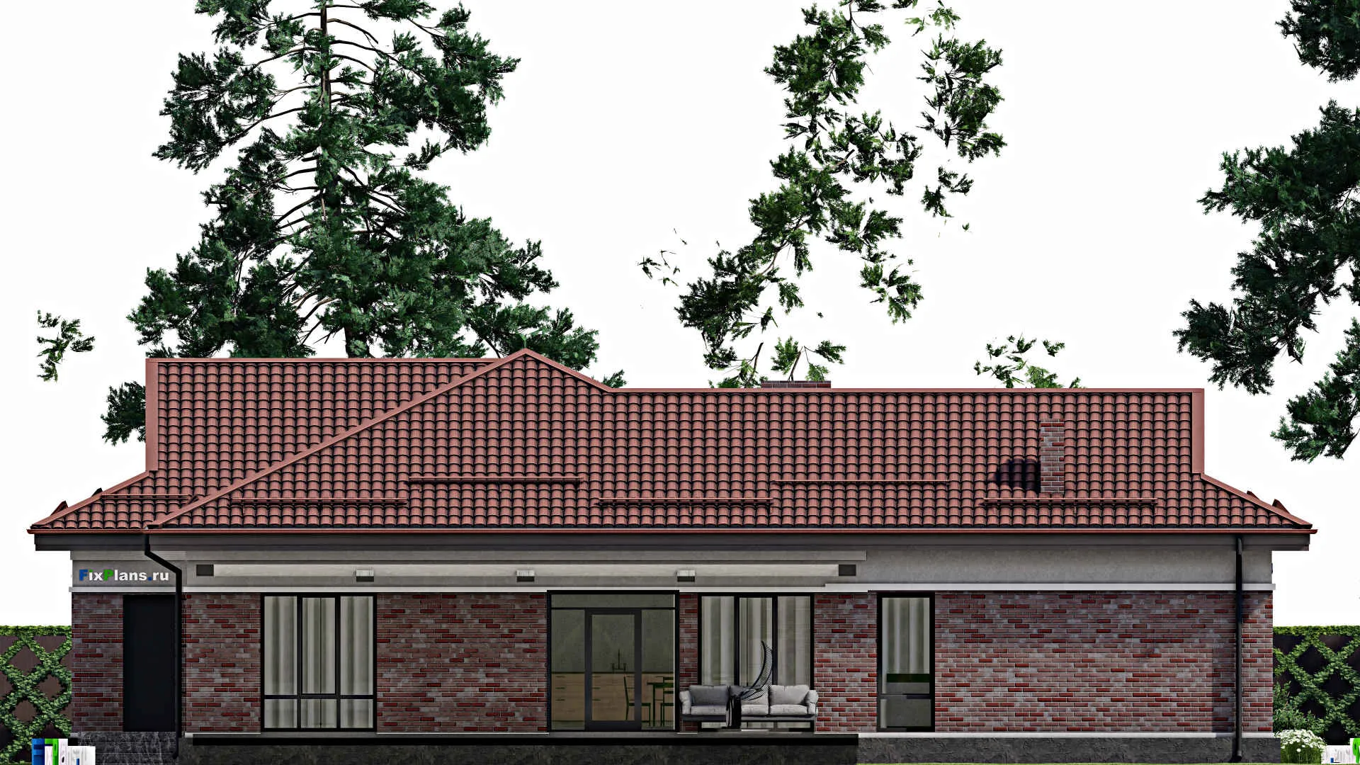 F-2204 - Проект одноэтажного дома 16 на 21, площадью 280 м² с террасой, гаражом на 2 машины и 3 спальнями