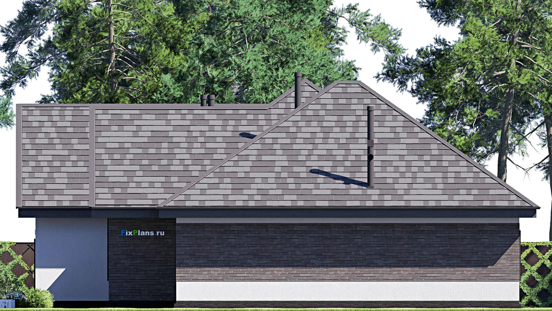 F-19880 - Проект одноэтажного дома 18 на 24, площадью 280 м² с террасой, гаражом на 2 машины и 3 спальнями