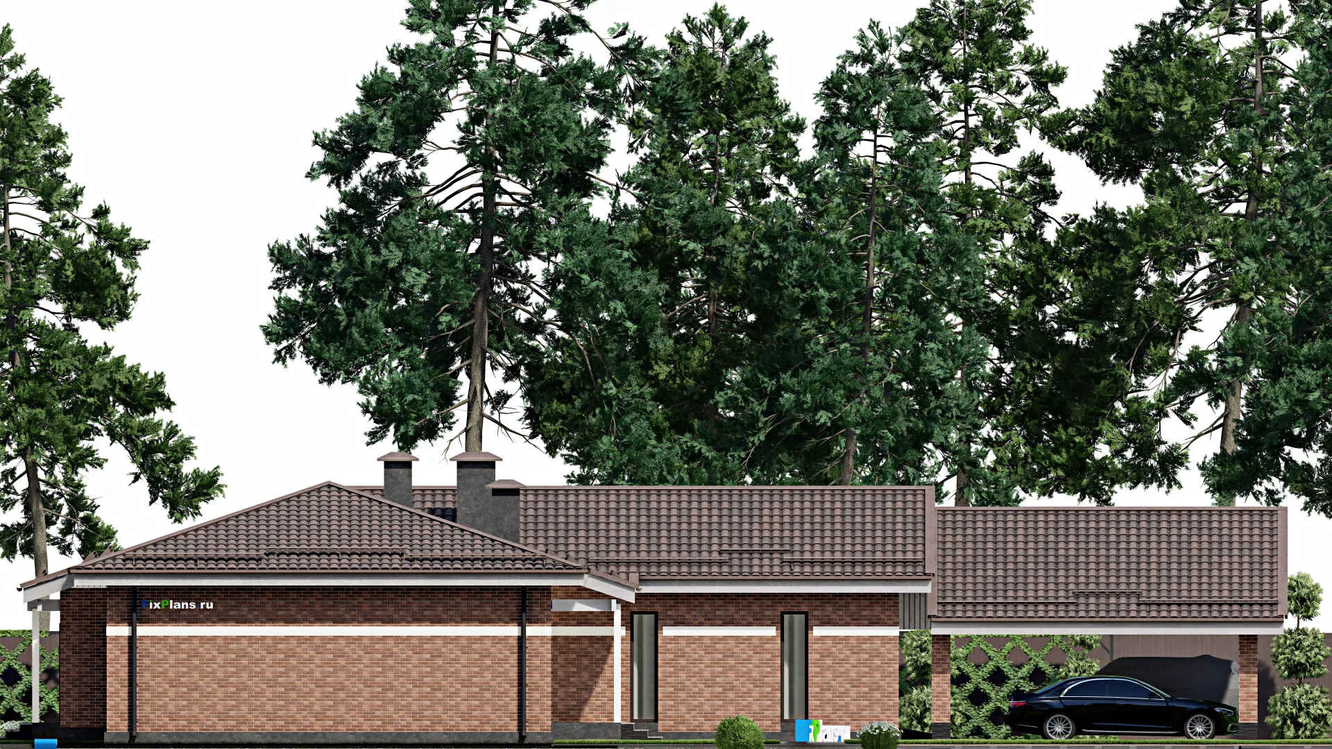 F-6317 - Проект одноэтажного дома 18 на 18, площадью 180 м² с баней, гаражом на 2 машины и 3 спальнями