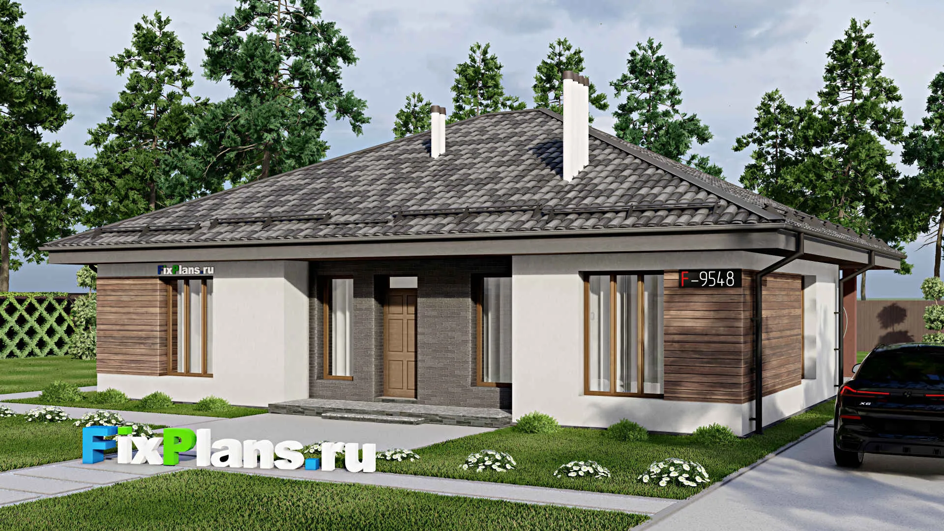 F-9548 - Проект одноэтажного дома 13 на 15, площадью 150 м² с террасой и 2 спальнями