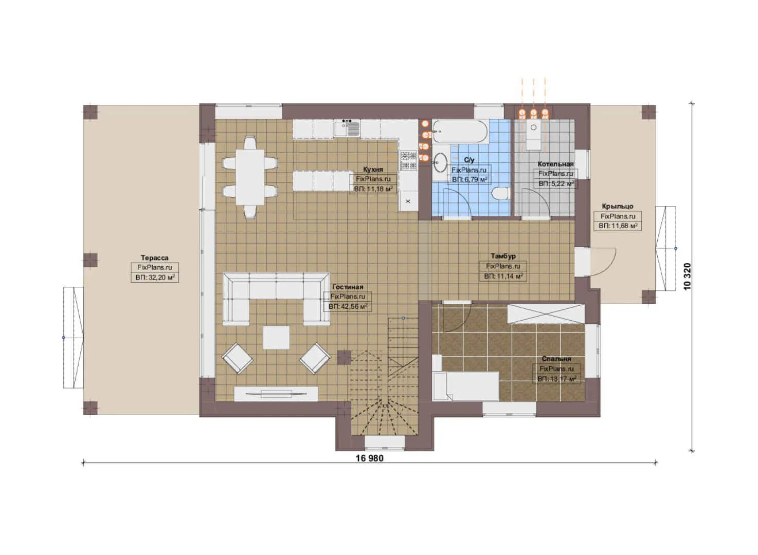 F-17576 - Планы двухэтажного дома 11 на 17, площадью 270 м² с террасой, балконом и 6 спальнями