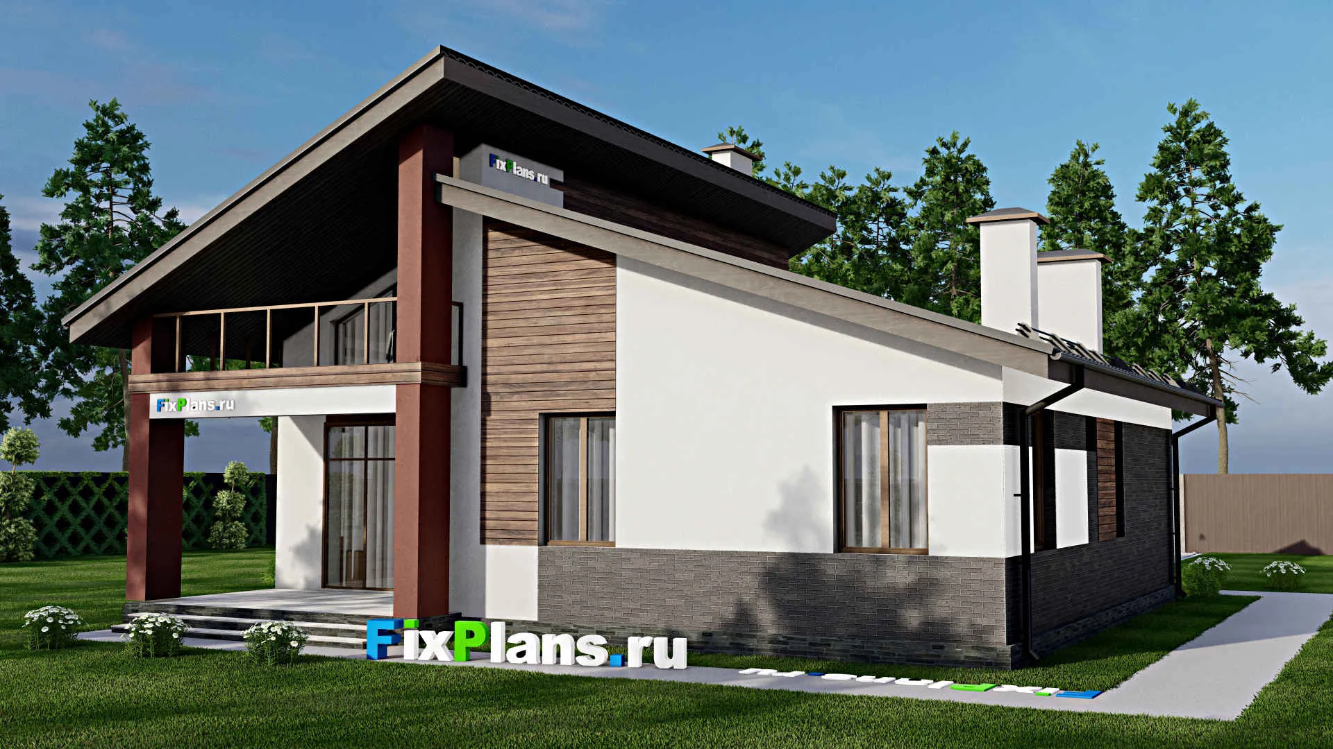 F-9656 - Проект дома с мансардой 14 на 14, площадью 160 м² с террасой, балконом и 3 спальнями